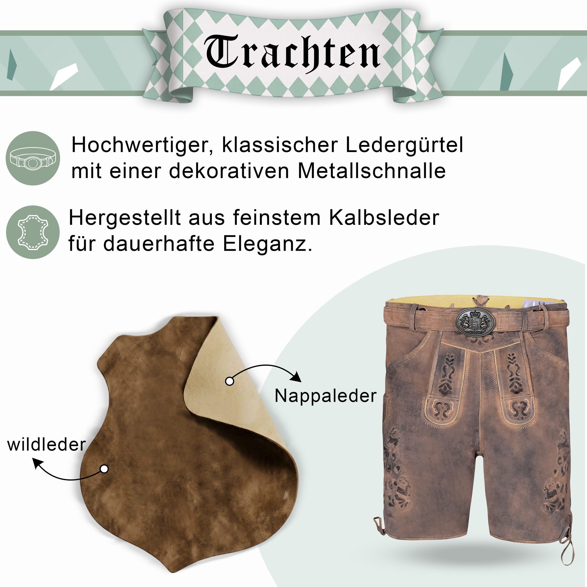 German Wear Trachtenlederhose GW722 kurze Lederhosen Hans 100% Nappa-Wildleder mit Gürtel