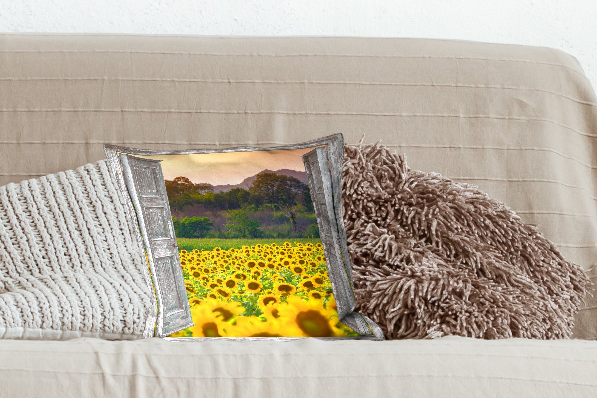 Sofakissen Füllung Dekokissen Ansicht, mit MuchoWow - Sonnenblume Schlafzimmer, Wohzimmer, Blumen Deko, - Zierkissen für - Abend