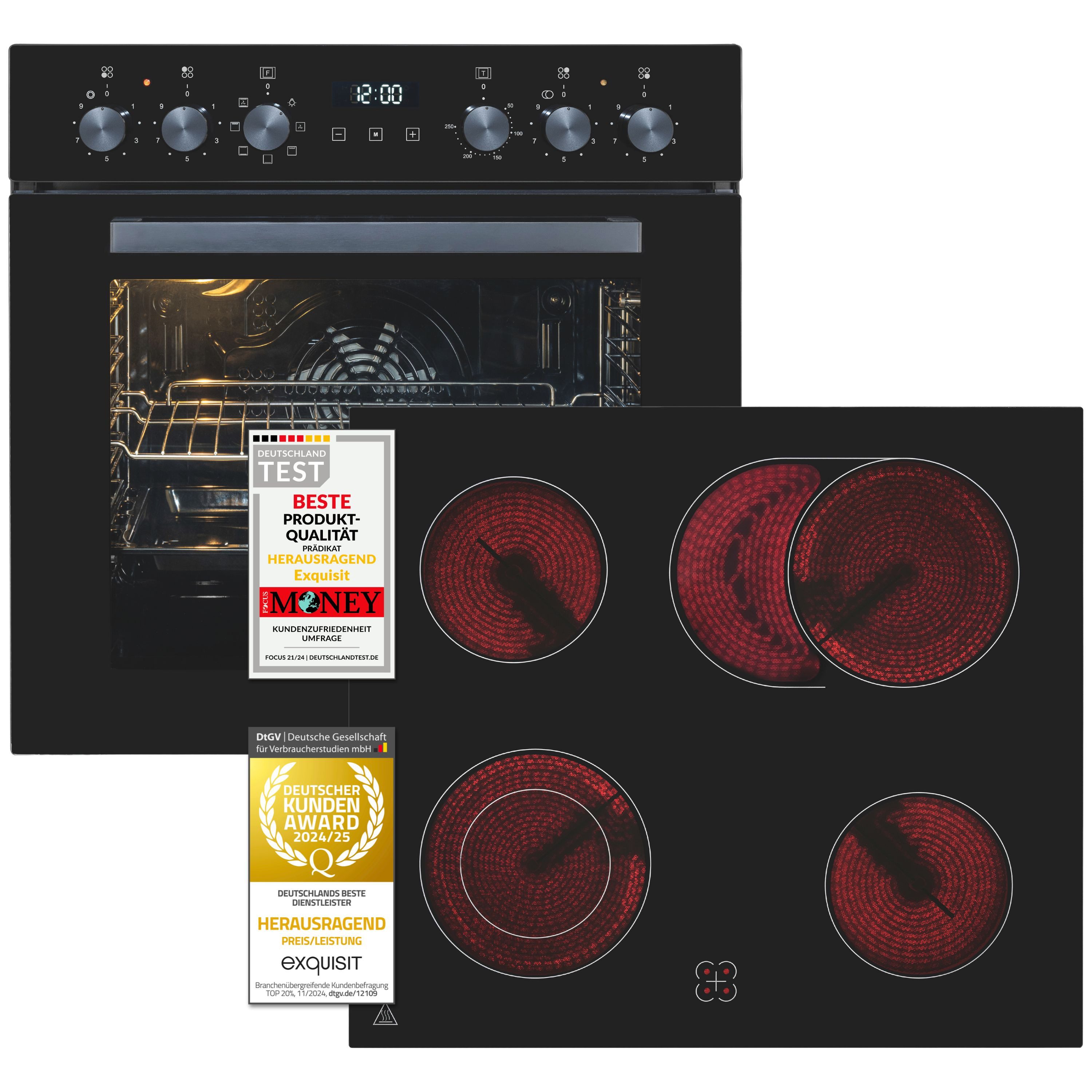 exquisit Backofen-Set EHE258-UBZ-020-Set schwarz, Vielseitiger Grill und 4-Zonen-Glaskeramikkochfeld – einfach & sicher!