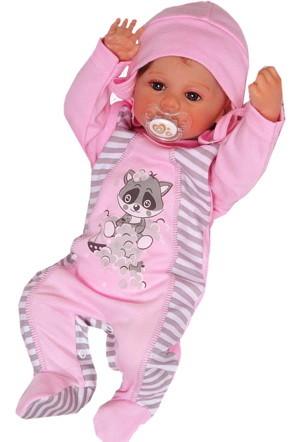 La Bortini Strampler Stramplerhose Shirt Mütze 3Tlg Baby Anzug in Rosa mit Waschbären aus reiner Baumwolle, gestreift, 44 50 56 62 68 74 80