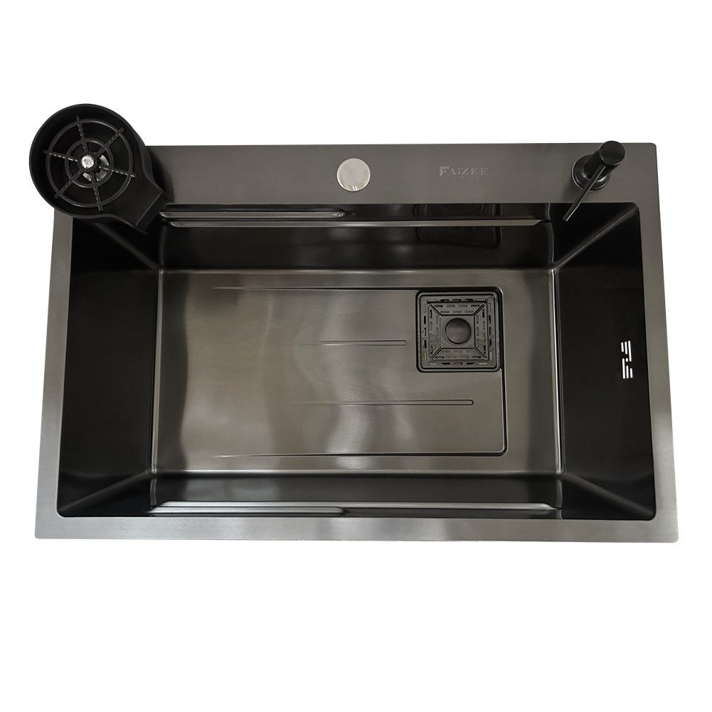 Faizee Möbel Edelstahlspüle Quantum 70x45cm mit Nano Spüle Küchenspüle mit Zubehör Becken