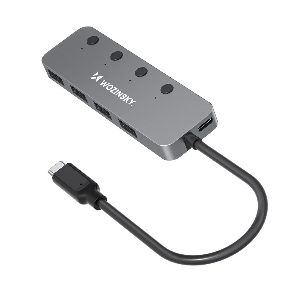 Wozinsky USB-Verteiler Anschlusserweiterung Datenverteiler Mehrfachadapter (Spar-Set, 1-St., 15 cm Kabel kompakt), 4x USB-A 3.0, 5 Gbit/s, Einzelschalter, Aluminium