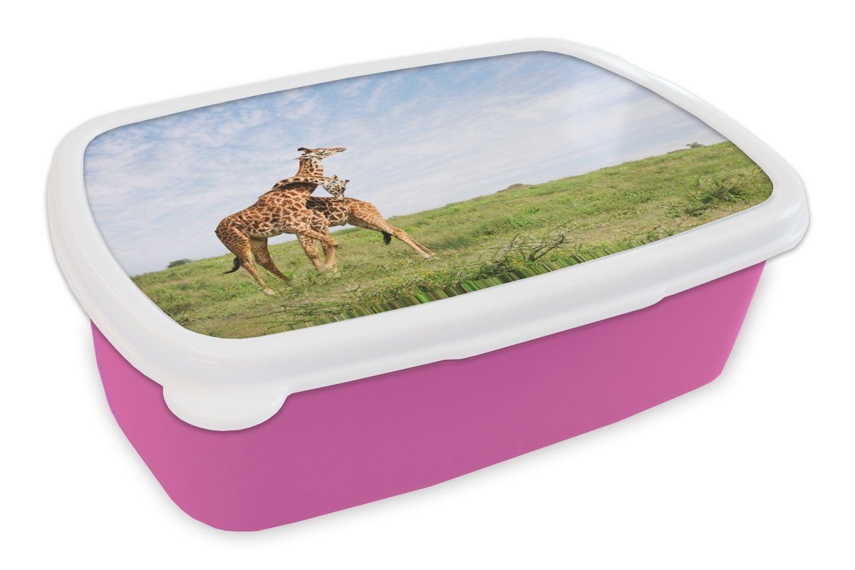 MuchoWow Lunchbox Zwei Giraffen kuscheln, Kunststoff, (2-tlg), Brotbox für Erwachsene, Brotdose Kinder, Snackbox, Mädchen, Kunststoff rosa