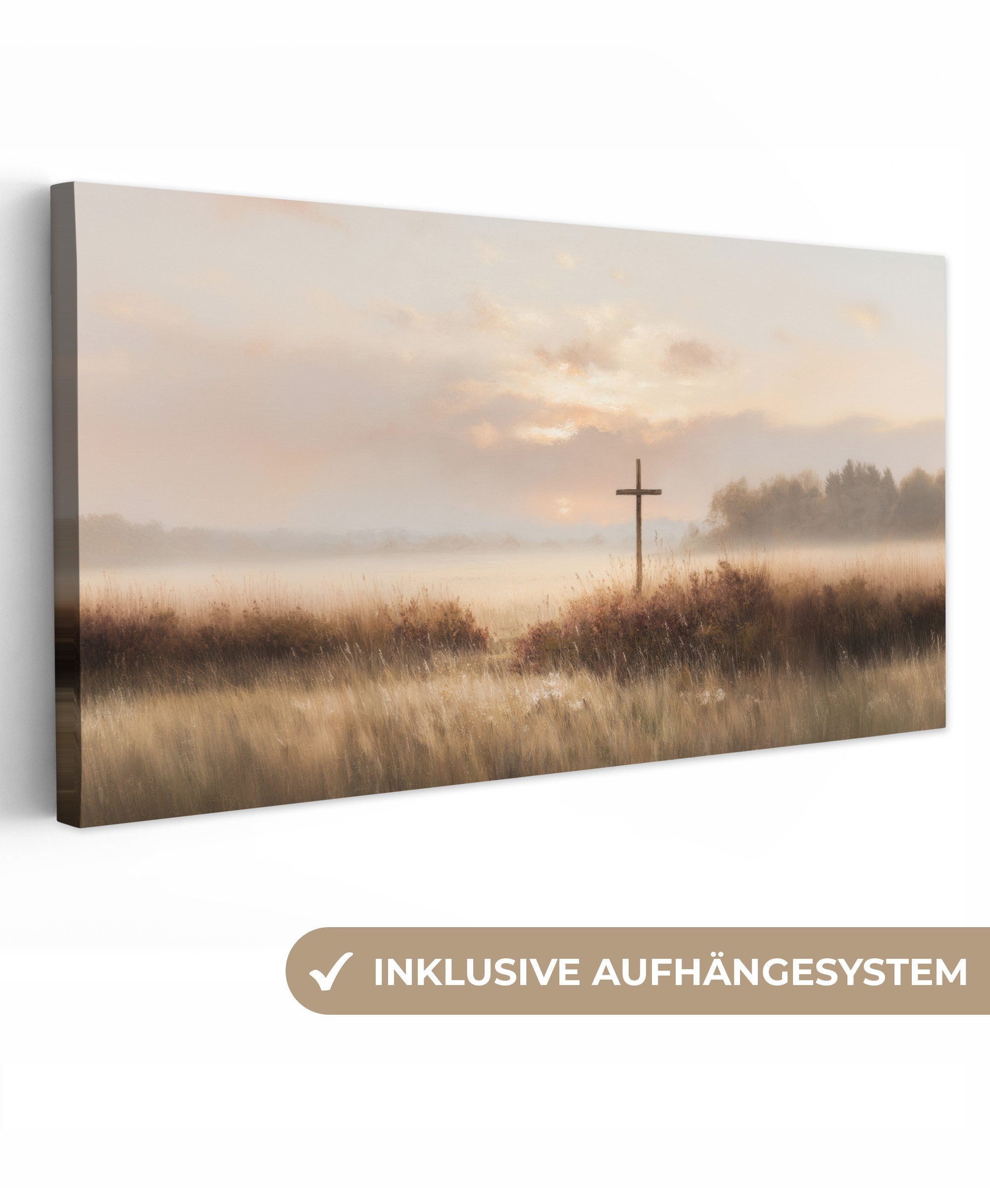 OneMillionCanvasses® Leinwandbild Panorama Gras - Morgennebel - Kreuz - Christentum, Fotodruck (1 St), Wandbild, Deko Schlafzimmer Wohnzimmer Flur 40x20 cm