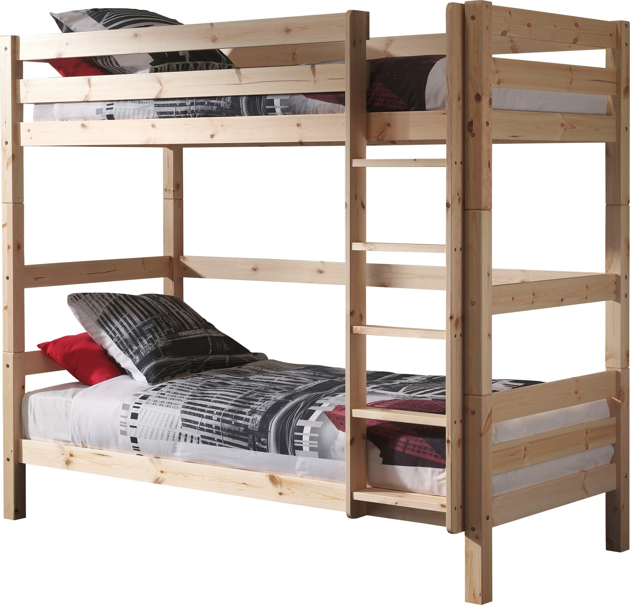 Vipack Etagenbett Pino, inkl. Rolllattenrost, Leiter und Absturzschutz (B/H/T ca. 210x182x105cm, massiv Kiefer verschiedene Farben), wahlweise ohne Schublade, mit 1 großen, 2 kleinen Bettschubladen