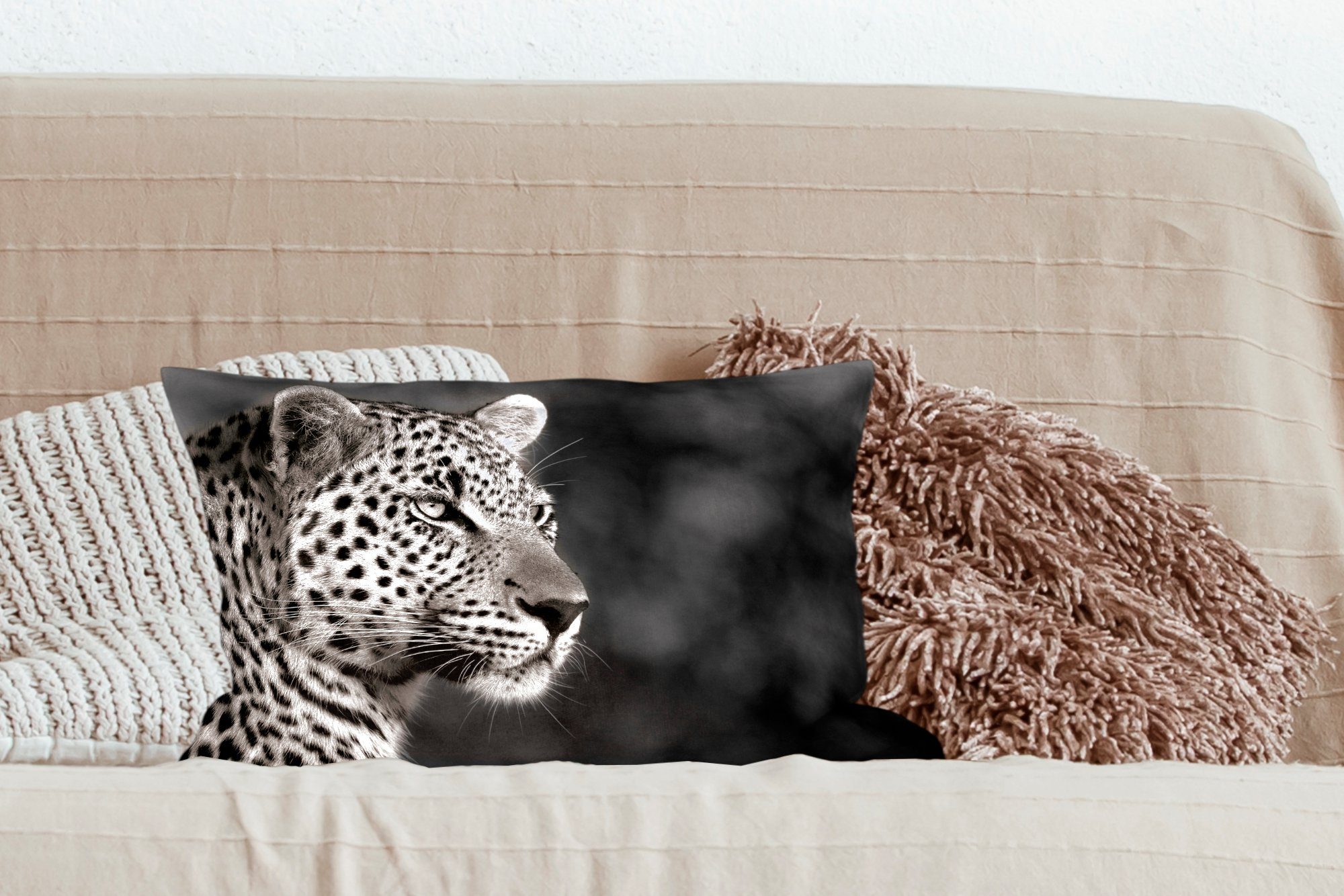 MuchoWow Dekokissen Leopard - - - Schwarz Wohzimmer Schlafzimmer Südafrika, Weiß Zierkissen, Füllung, mit Dekoration, Dekokissen