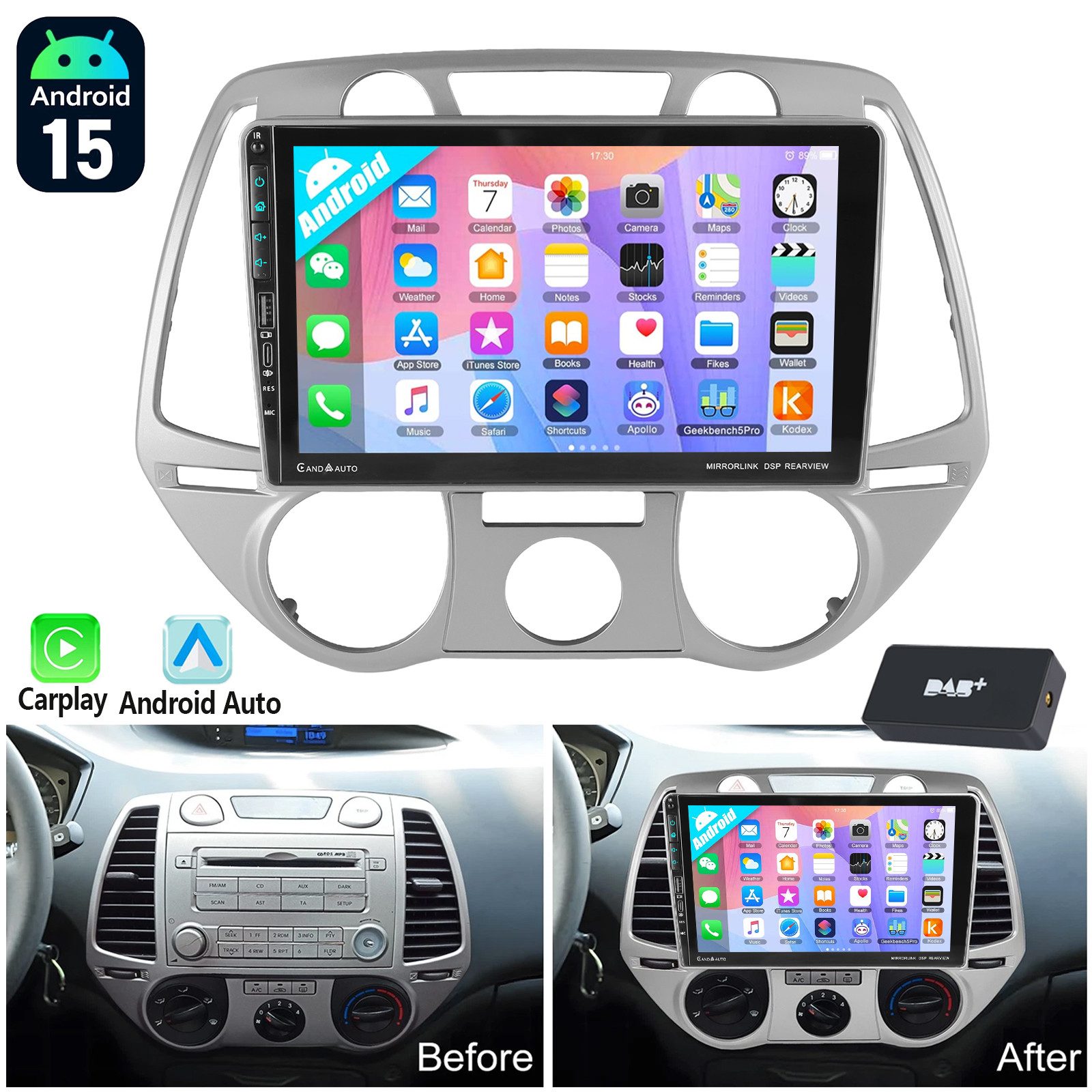 Android 15 Autoradio Apple CarPlay GPS Navi Für HYUNDAI i20 PB 2008-12 Autoradio