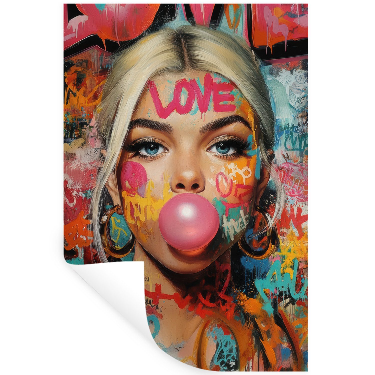 MuchoWow Wandsticker Frau - Kaugummi - Graffiti - Liebe (1 St), Wanddeko, Aufkleber, Wandtattoo, 80x120 cm