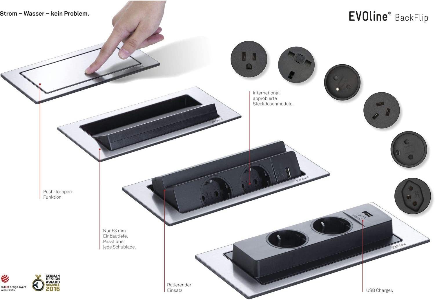 Evoline Back Flip Cuisine versenkbare Einbau-Steckerleiste 2 Steckdosen USB A Einbau-Tischsteckdosenleiste