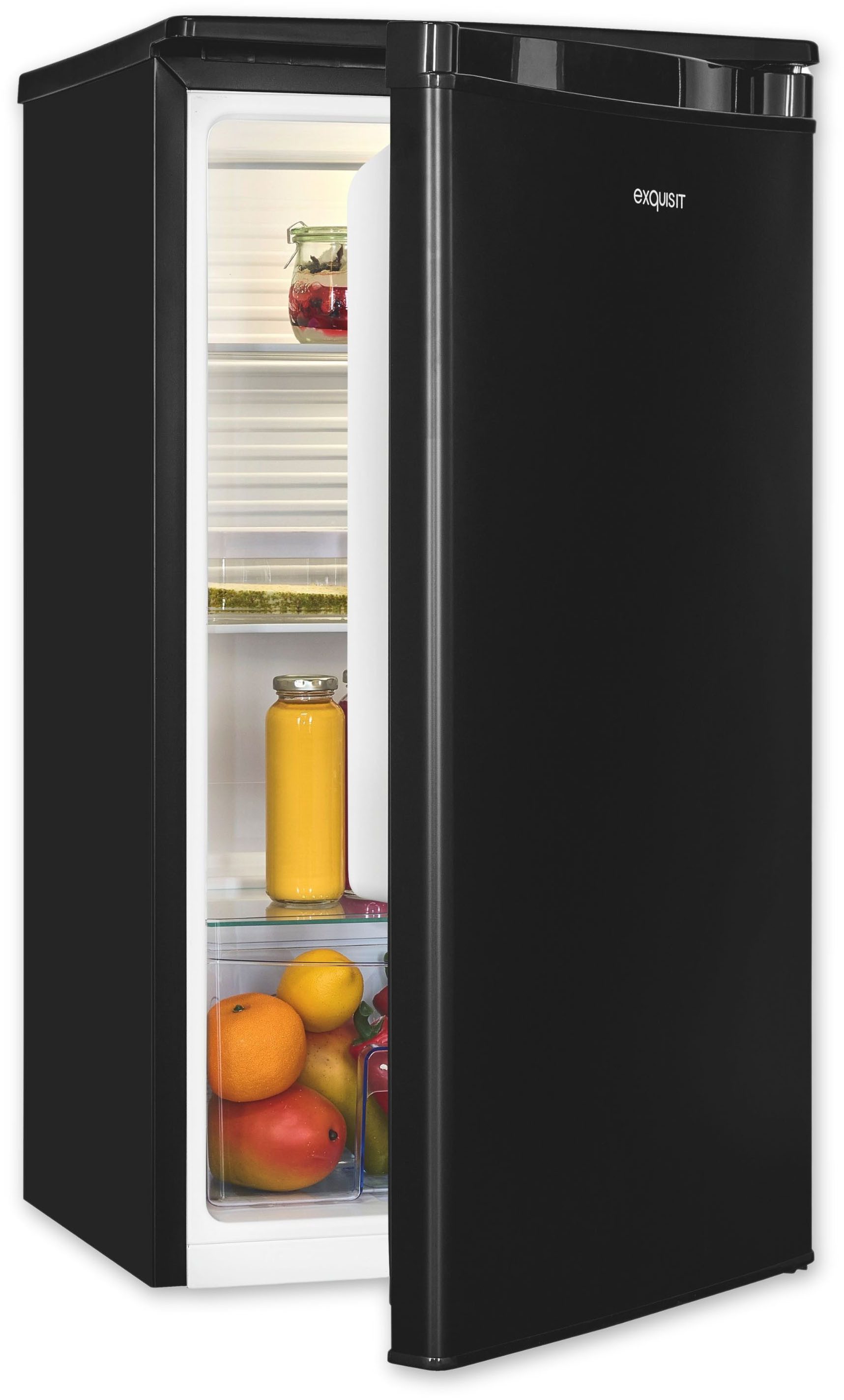 exquisit Vollraumkühlschrank KS85-V-O91E schwarz, 84,3 cm hoch, 45 cm breit, Perfekte Kühlung für Obst, Gemüse & Getränke – kompakt und vielseitig