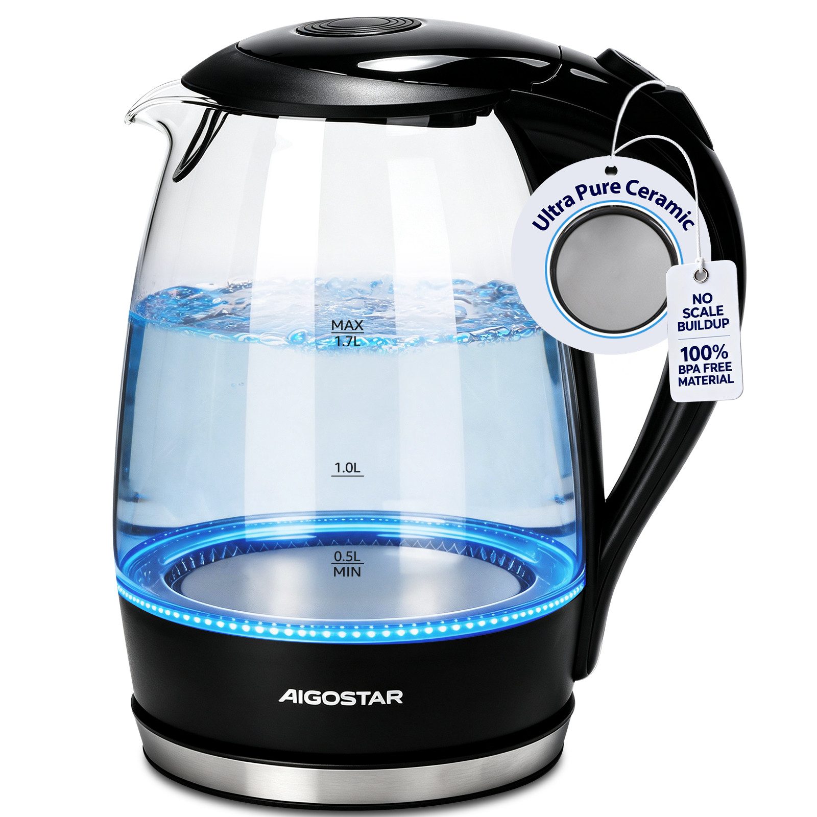 Aigostar Wasserkocher Glas mit Kalkfilter, Glaswasserkocher LED-Beleuchtung, 100% BPA Frei, 1.7 l, 2200,00 W, 360° Edelstahl Sockel, Trockenaufschutz