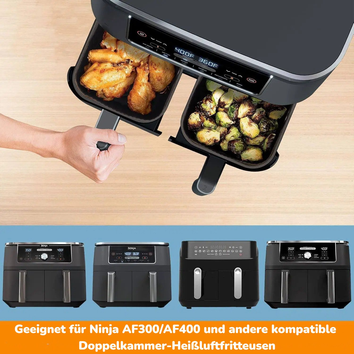 BlingBin Silikonform 2 Stück Heißluftfritteuse Backform für Ninja Foodi AF300/AF400, (2er Set 2-tlg), Wiederverwendbar Air Fryer Silicone Pot Zubehör, Einfache Reinigung