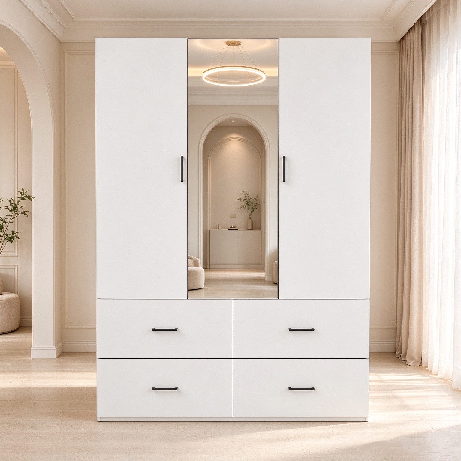 Simurq Kleiderschrank Kleiderschrank, Garderobenschrank mit LED, Schlafzimmerschrank Weiß (Set, Schrank Schlafzimmer weiß mit Spiegel, 2 Türen & 4 Schubladen) mehrzweckschrank, Schrank Kleidung,130x51.8x181.5 cm