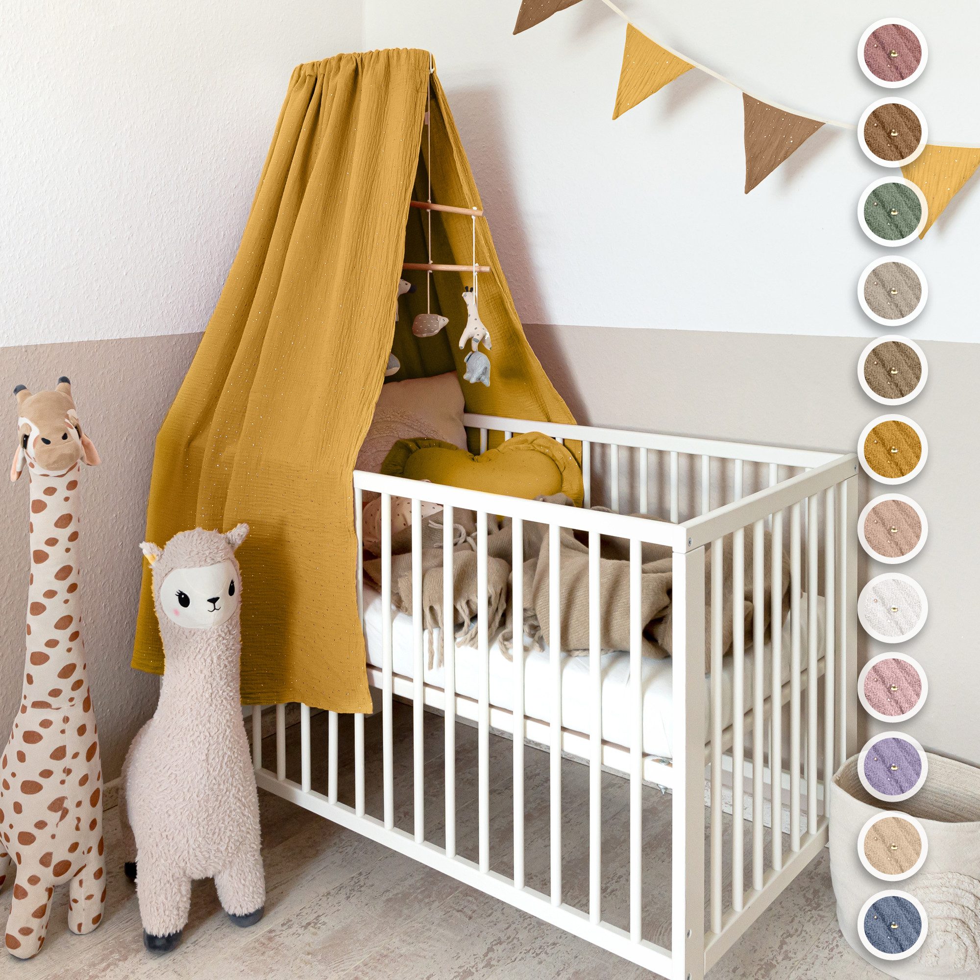 lilimaus Betthimmel Babybett Himmel Gold aus Musselin - handgenähter Baldachin (1-tlg), Betthimmel mit Gold-Details - weich & sanft zu zarter Babyhaut