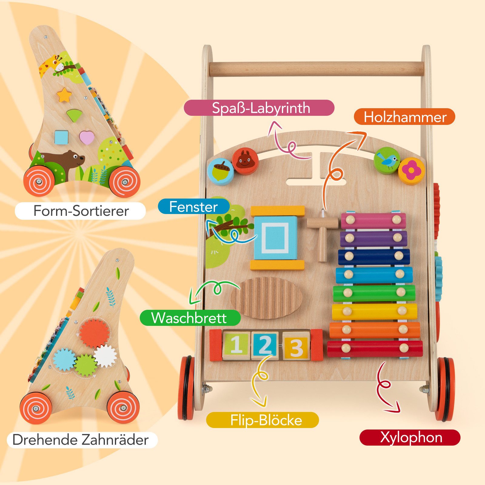COSTWAY Lauflernwagen, Lauflernhilfe aus Holz, mit Rädern, Montessori Spiel günstig online kaufen