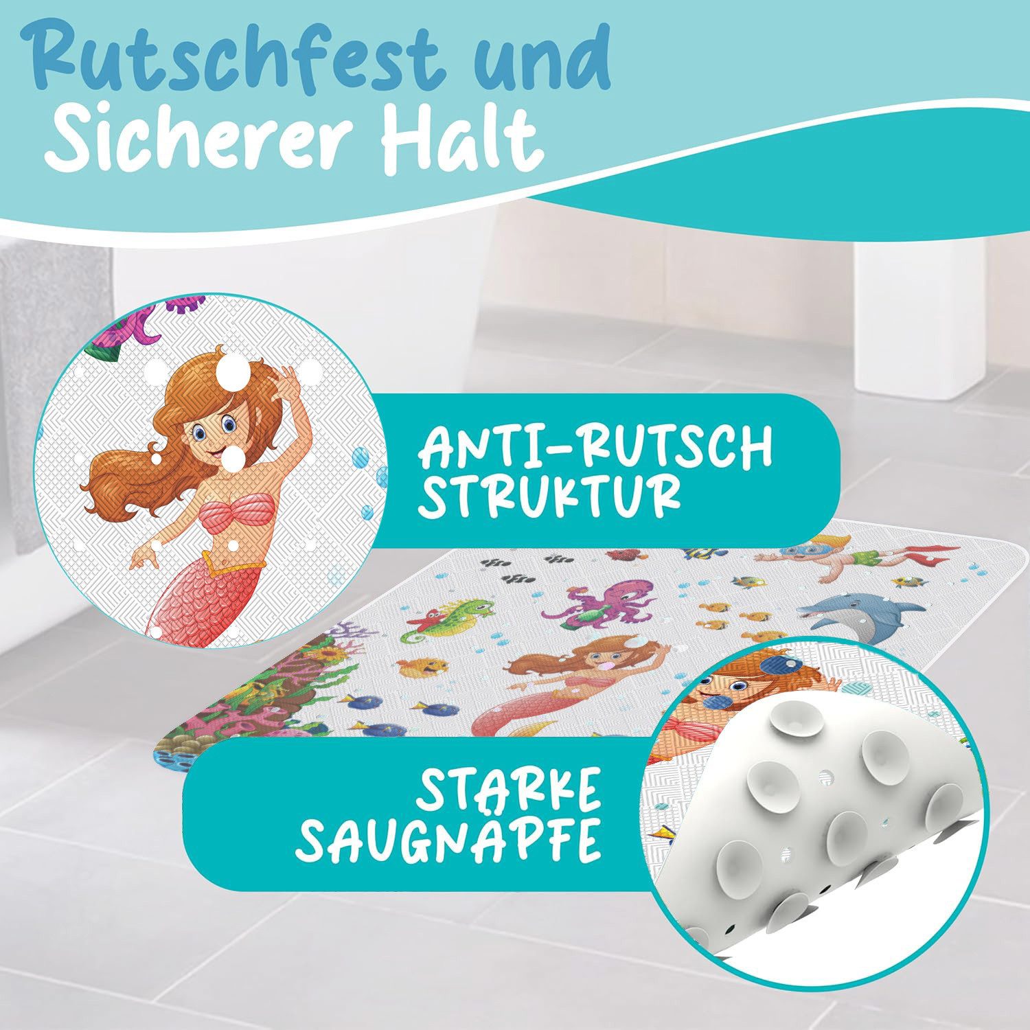 Delluxia Duscheinlage Duschmatte rutschfest speziell für Kinder, B: 53 cm, L: 53 cm, inkl. Aufhängung, geruchsfrei, schimmelfrei, ohne Weichmacher