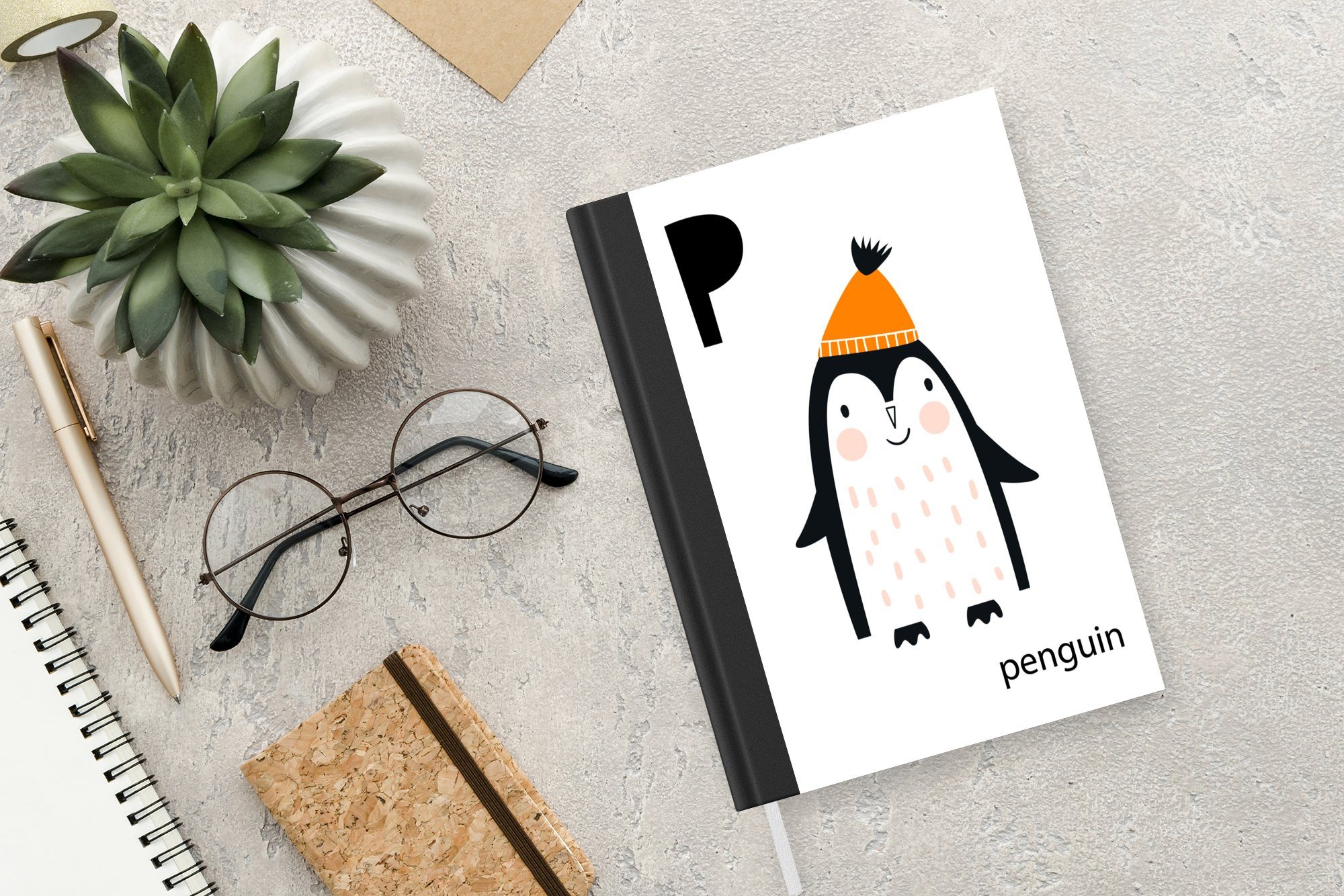 Haushaltsbuch Alphabets Buchstaben mit, Notizheft, MuchoWow A5, des der 98 Merkzettel, "Pinguin" Journal, Seiten, Kinderillustration Tagebuch, Notizbuch