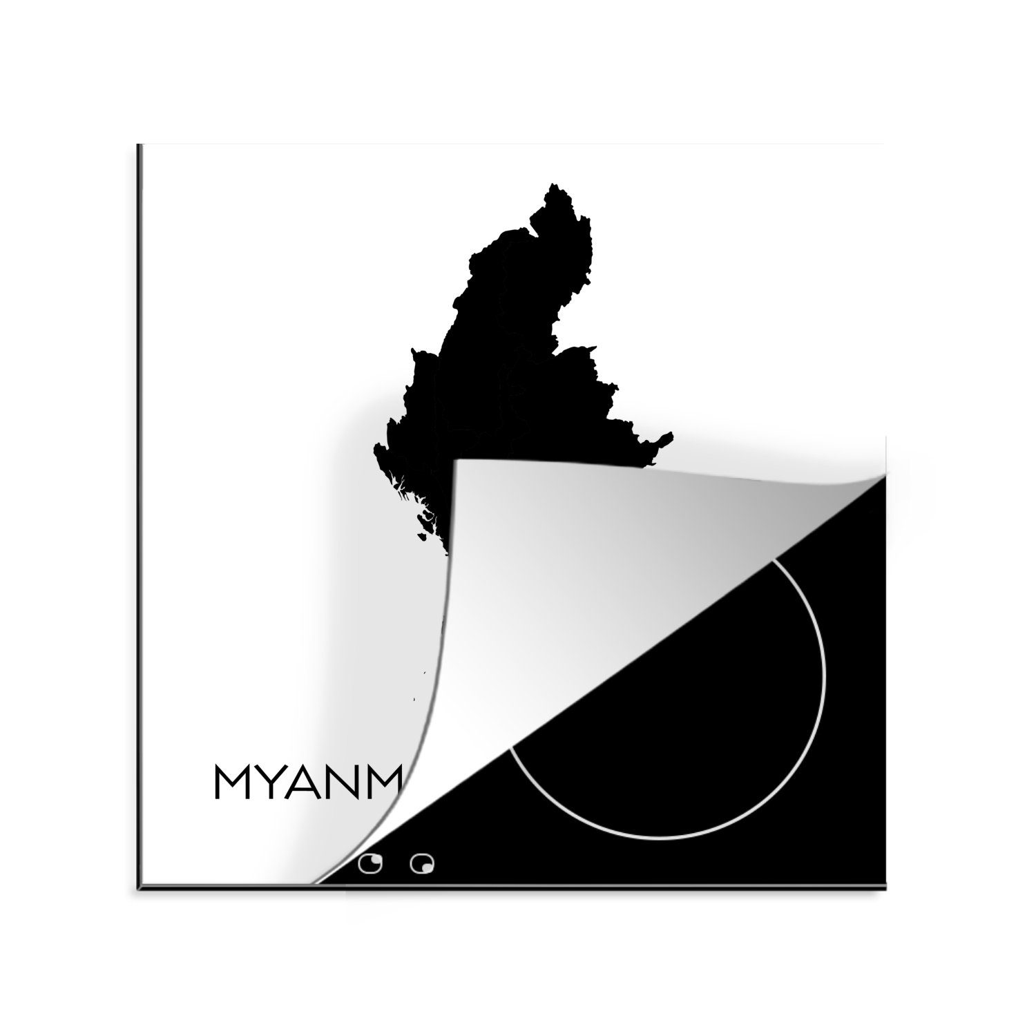 MuchoWow Herdblende-/Abdeckplatte Illustration einer Schwarz-Weiß-Karte von Myanmar, Vinyl, (1 tlg), 78x78 cm, Ceranfeldabdeckung, Arbeitsplatte für küche | Herdabdeckplatten