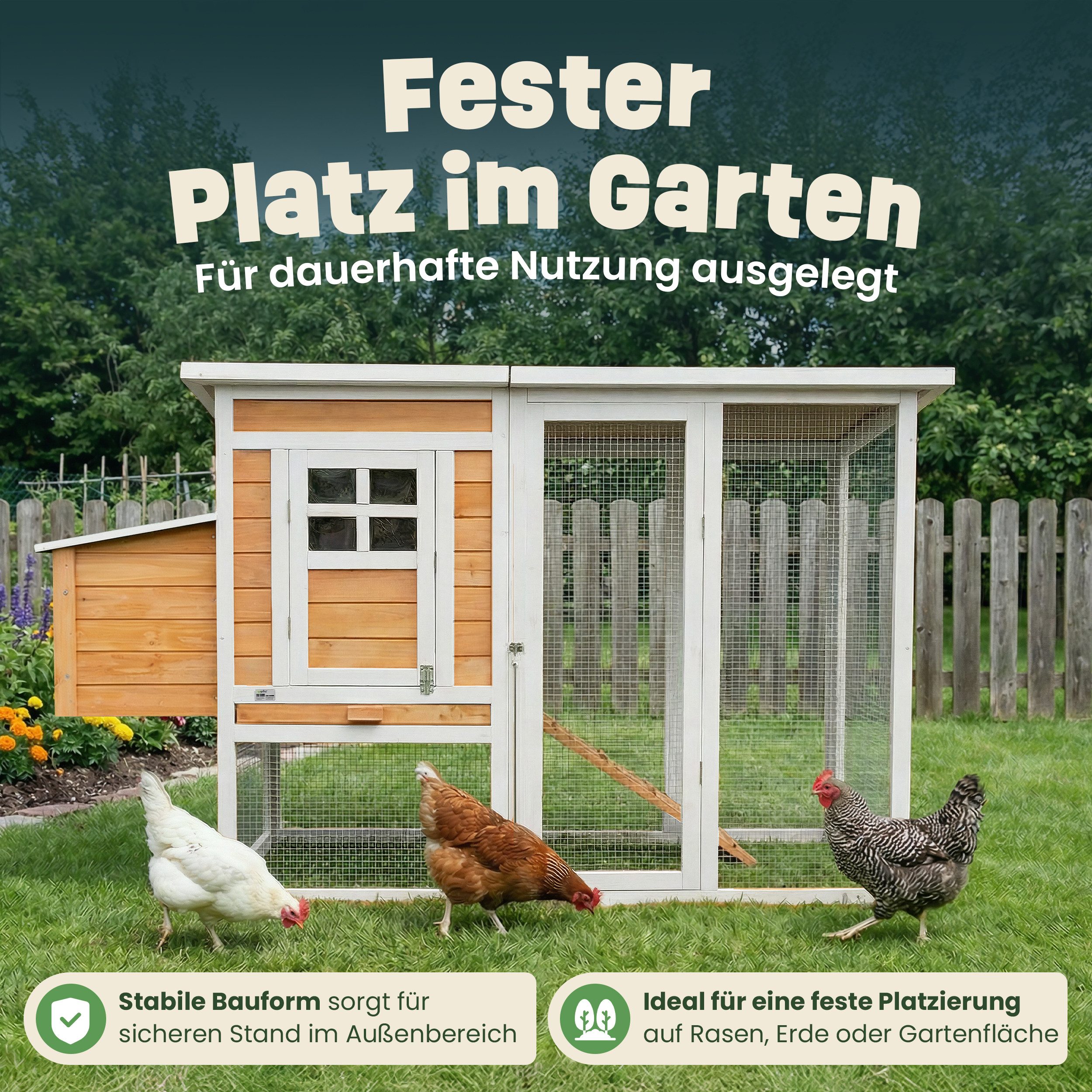 Zooprinz Hühnerstall Hühnervoliere Hühnerhaus Ida mit Klappdach Nistkasten, Wetterfest, Sitzstangen, mit Freilauf XXL