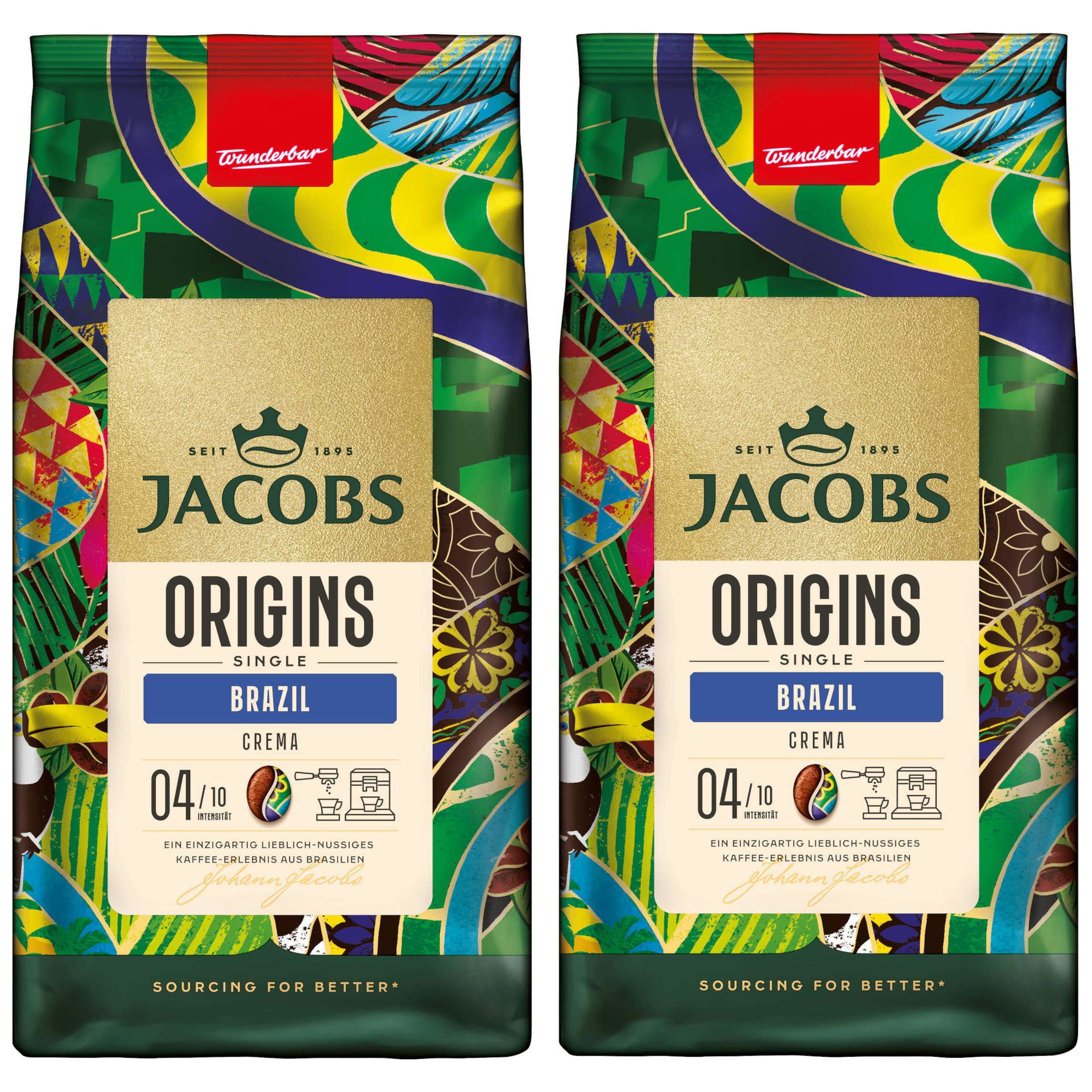 JACOBS Kaffee Kaffeebohnen Origins Brazil geröste ganze Bohne 2 x 1 kg, 2000 g, (Packung, 2er Pack)