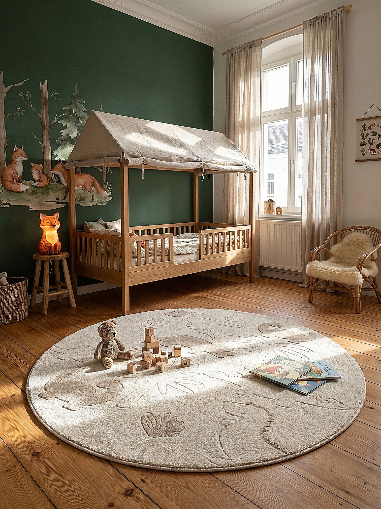 KADIMA DESIGN Kinderteppich CANAZEI Kinderteppich Creme 120x120 Dinosaurier Polypropylen, Rund, Höhe: 13 mm, Saugroboter-geeignet, Strapazierfähig, Fußbodenheizung geeignet
