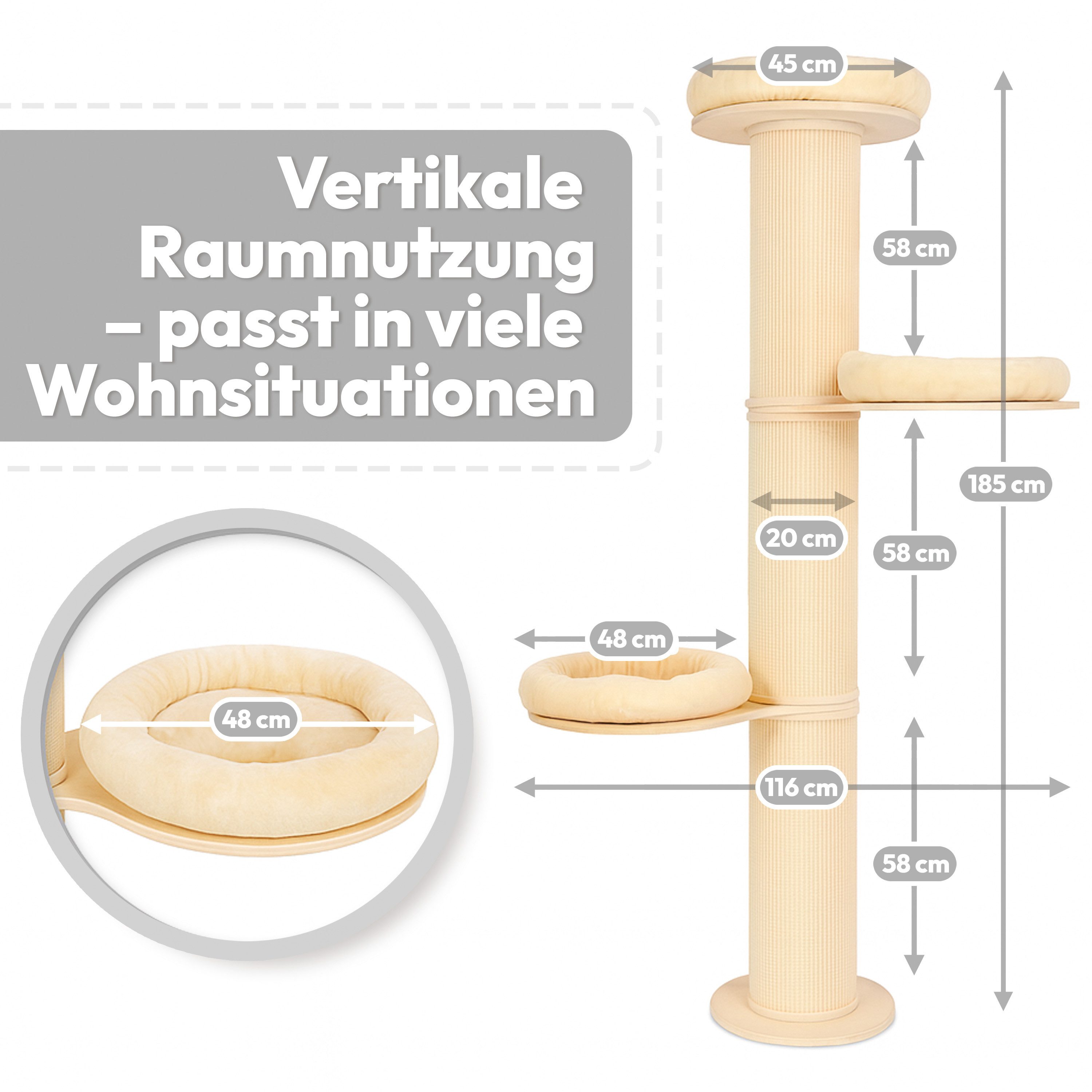 PET VIOLET Kratzbaum wandmontiert 185 cm hoch, XXL Katzenbaum I Premium Sisal Säulen, Kissen abnehmbar & waschbar, Premium Sisal, XXL Katzenbaum185 cm hoch