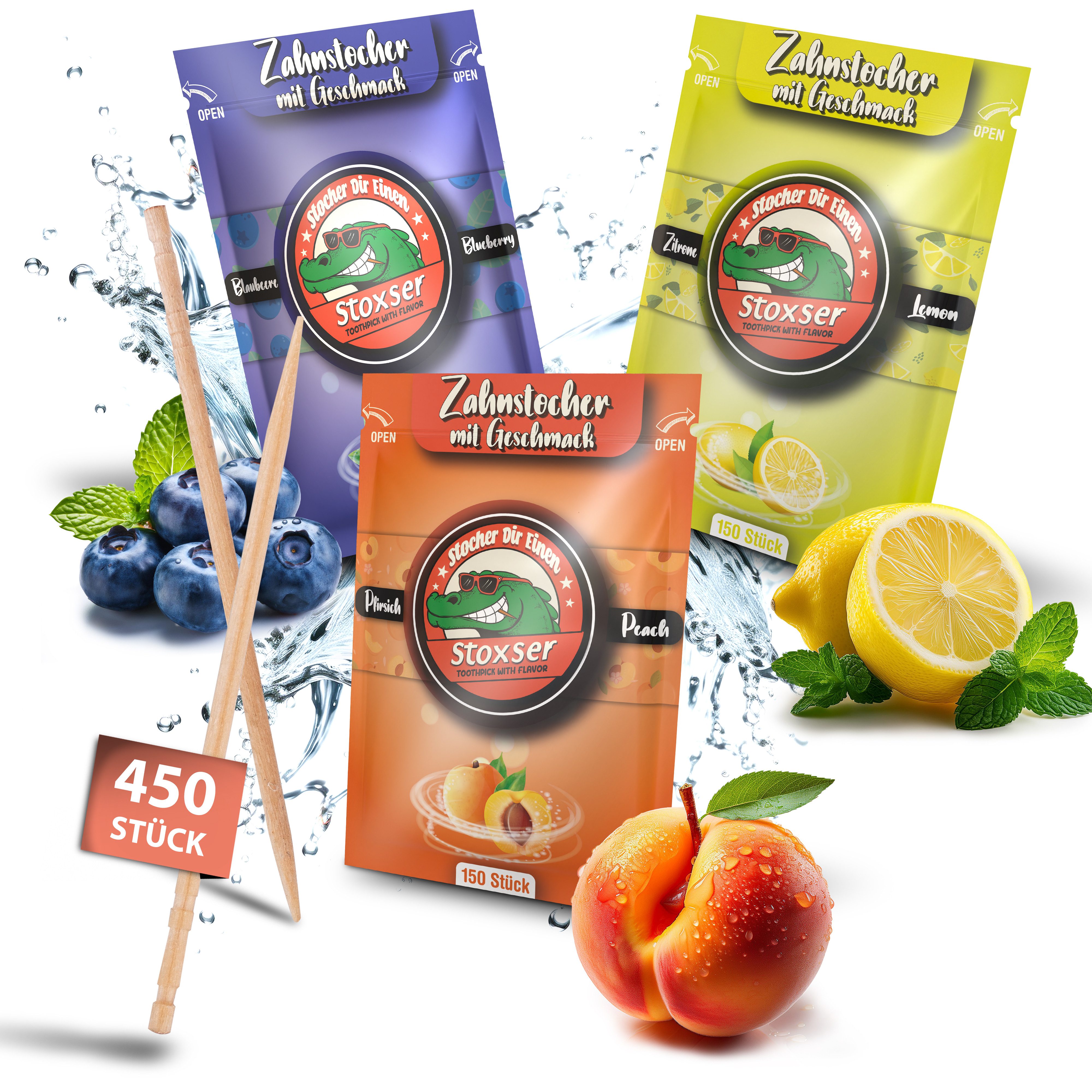 Stoxser Mundpflegecenter Stoxser 450x Zahnstocher mit Geschmack 3er Pack, 450 x Zahnstocher mit Geschmack im 3er Set, Kein Kaugummi Unterstützend zu Zahnpasta Zahnseide Zuckerfrei