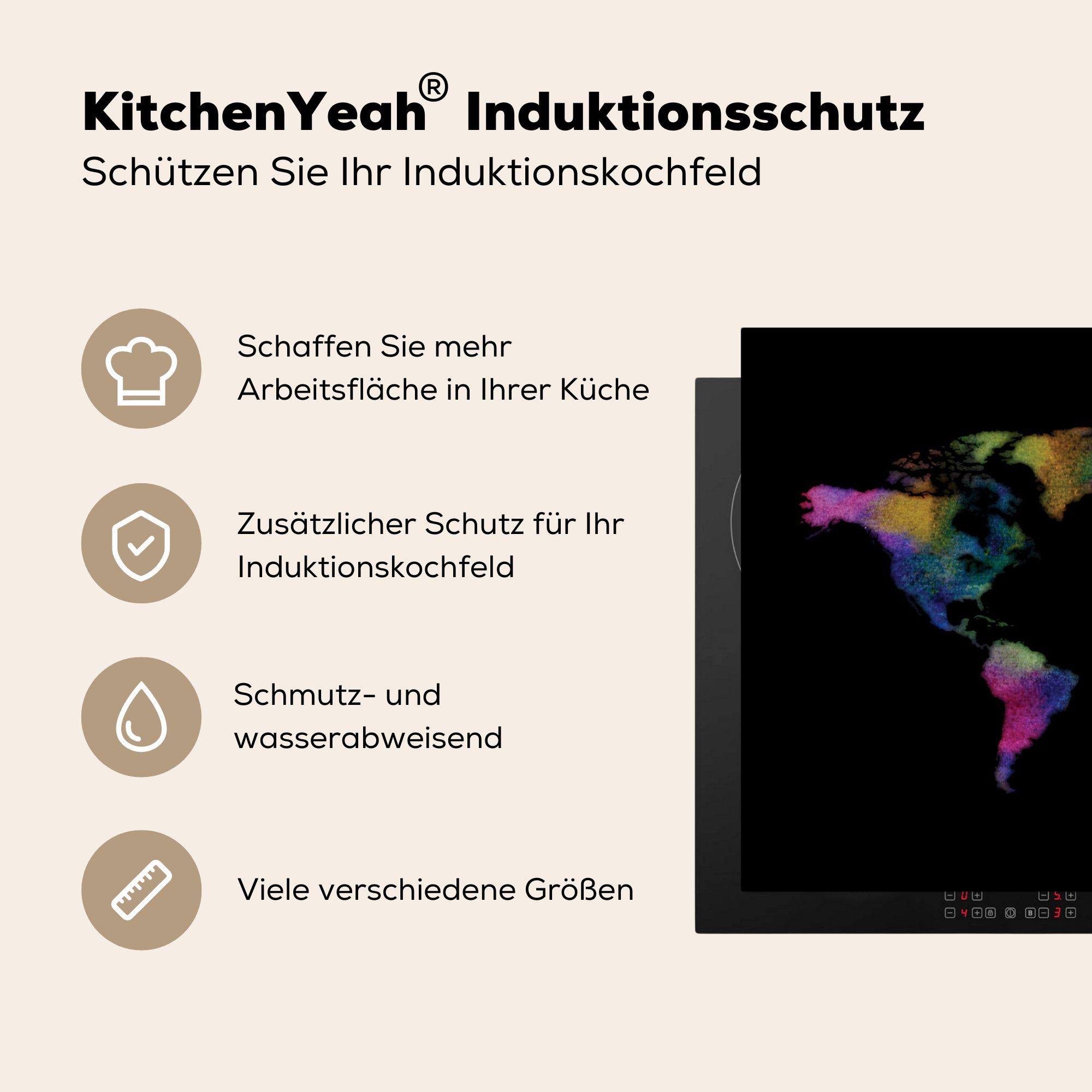 MuchoWow Herdblende-/Abdeckplatte Weltkarte - Wasserfarben, 81x52 cm, (1 für Schutz küche, Induktionskochfeld Ceranfeldabdeckung tlg), die Vinyl