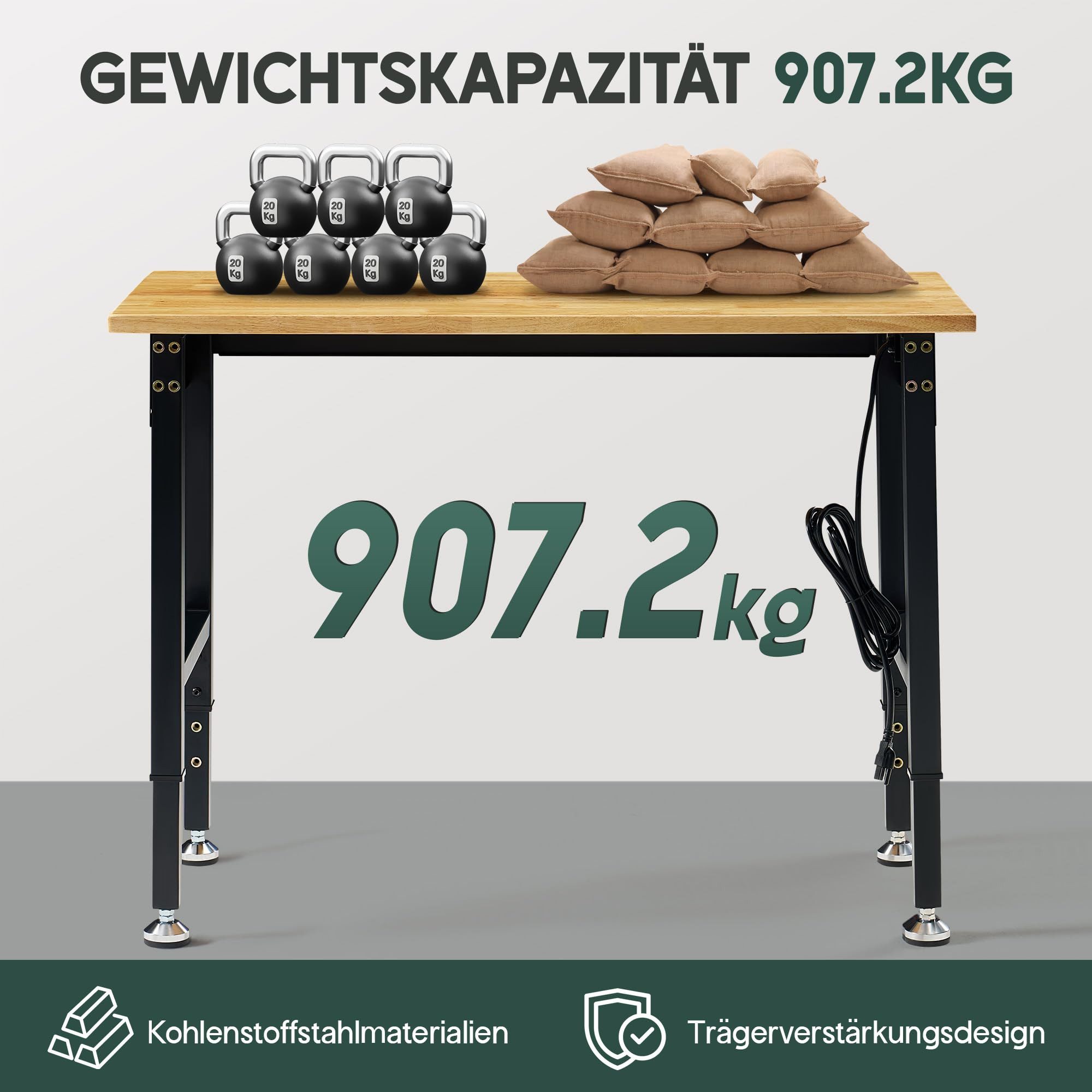 AMERLIFE Werkbank Werktisch Garagentisch Arbeitstisch, höhenverstellbar, 4 AC/2 USB, (1-tlg), 110x51 cm, bis 907,2 kg, Gummiholz