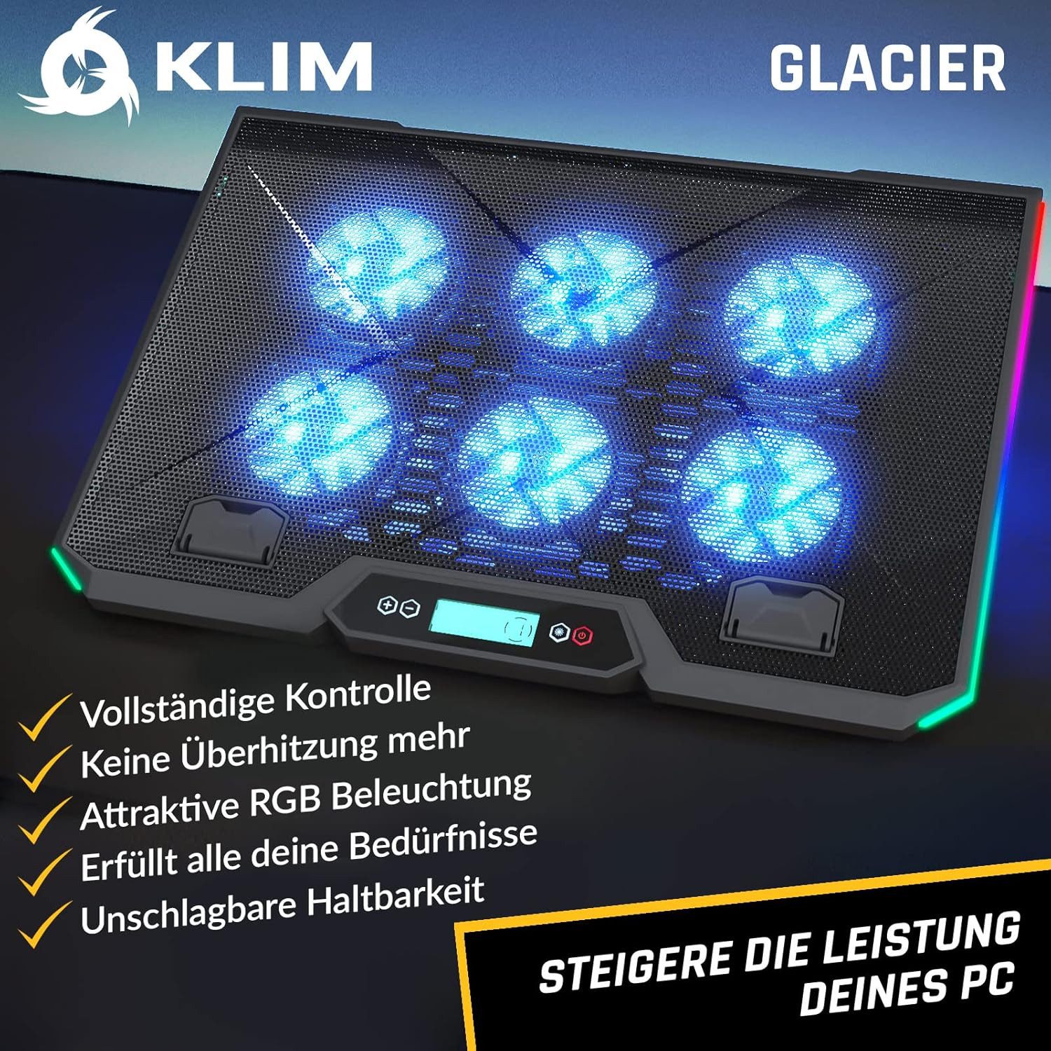 KLIM Notebook-Kühler Glacier, Laptop Kühler mit 6 Lüfter für 11 - 17,3 Zoll Laptops
