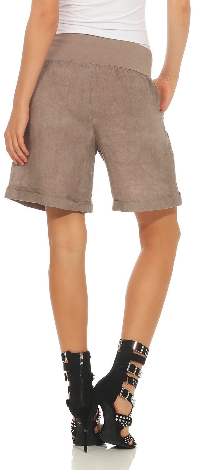 Mississhop Leinenhose Damen elastischem in Leinenshorts % Fango Unifarbe Shorts 100 mit Hose Leinen Bund, 280 kurze Bermuda