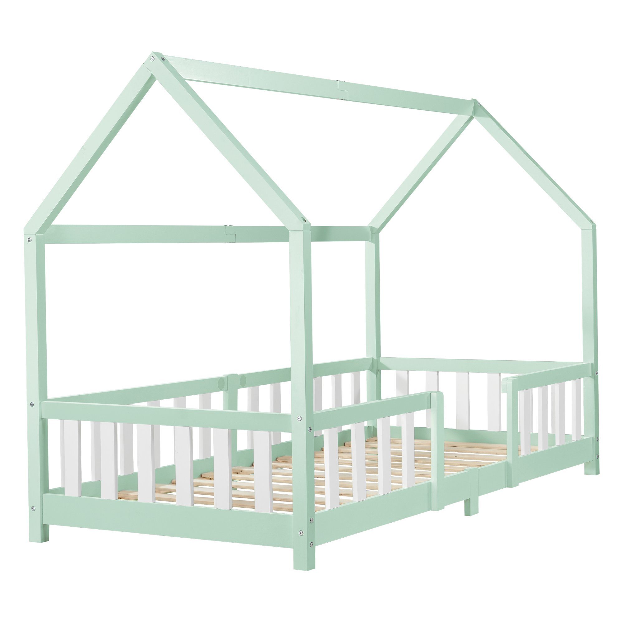 Kinderbett, Haus-Optik 90x200cm Rausfallschutz mit »Sisimiut« Mintgrün/Weiß en.casa