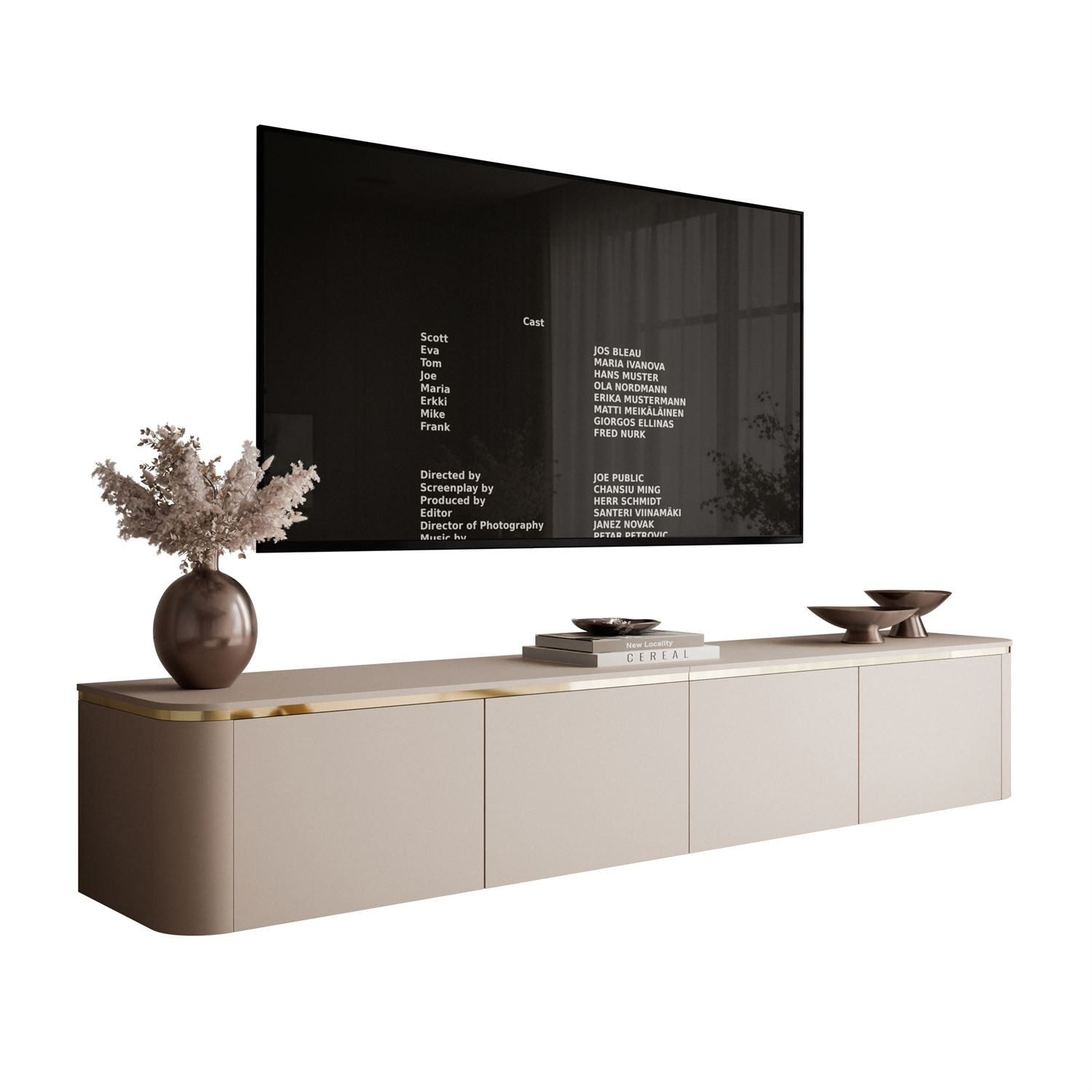 ALLHOUSE24 TV-Schrank LINE 200 cm Kaschmir matt, LED, Push-Open, goldene Metallbeine (1x TV Schrank) Breite 200 cm