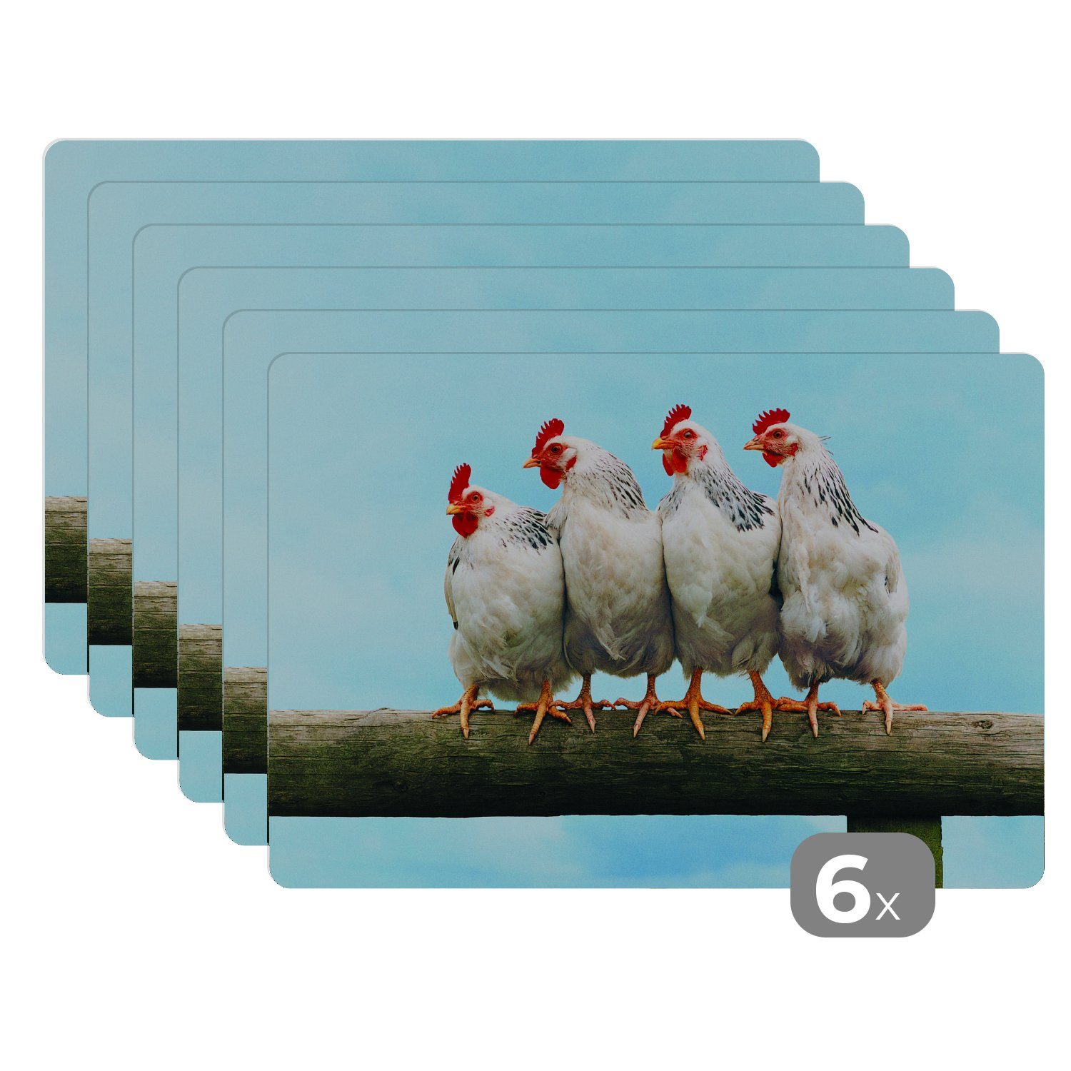 Platzset, Vier Hühner auf einem Stock, MuchoWow, (6-St), Platzset, Platzdecken, Platzmatte, Tischmatten, Schmutzabweisend | Tischsets