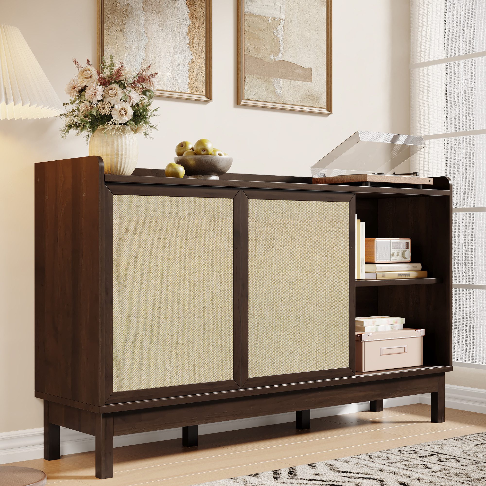 Merax Sideboard Retro Anrichte Wohnzimmerschrank Buffetschrank (1 St., Aufbewahrungsmöbel für Wohn- und Esszimmer), Kommode mit Schiebetüren, 2 Schubladen & off – Bild 3 von 5