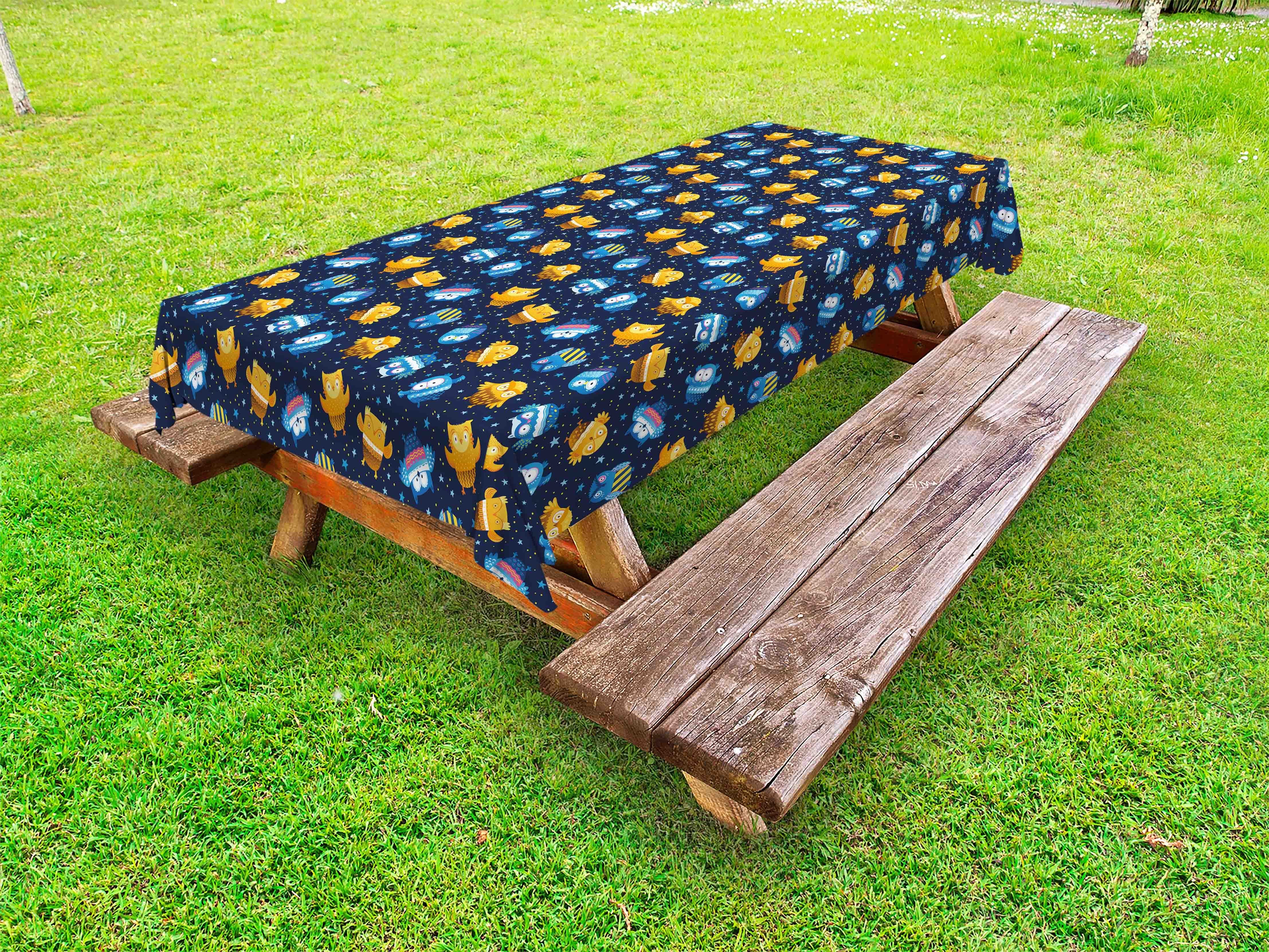 Abakuhaus Tischdecke dekorative der Picknick-Tischdecke, Blau und Gelb Eulen in waschbare Galaxie