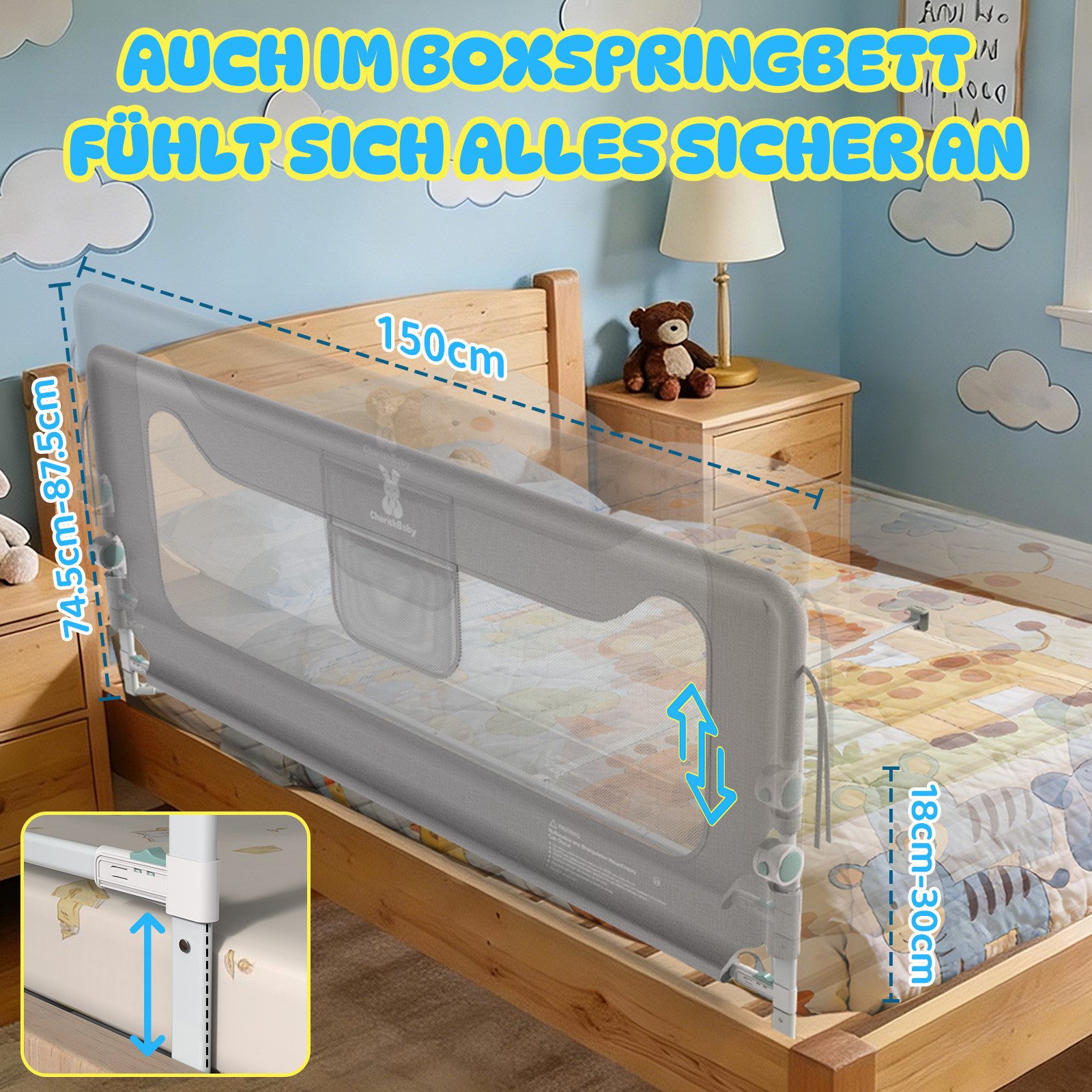Huracan Bettschutzgitter Bettgitter 150/180/200cm, Rausfallschutz Bett, (14-Fach höhenverstellbar, Klappbar Bettschutzgitter für, Kinder Baby,Stabiler Kinderbettgitter für Babybett), mit Sicherheitsgurt, Elternbett & Kinderbett