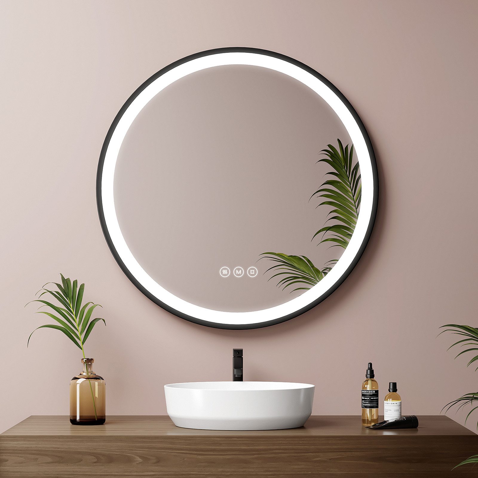 EMKE Badspiegel mit Beleuchtung Rund Badezimmerspiegel schwarzem Rahmen (50-80cm, Touchschalter), Dimmbar Warmweißes/Kaltweißes/Neutrales Licht Antibeschlag, IP44