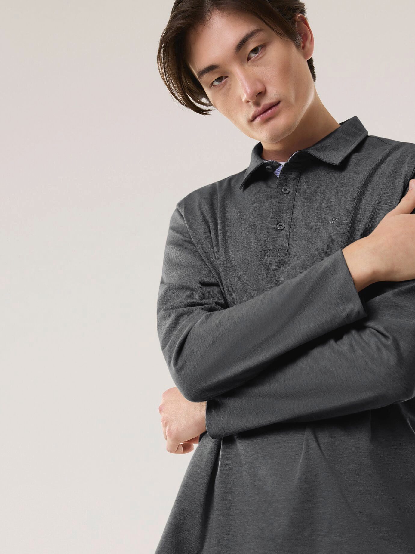 Walbusch Poloshirt Herren Langarmpolo aus Baumwollmix Shirt Feines Melange-Piqué, konfektionierter Hemdenkragen, pflegeleicht