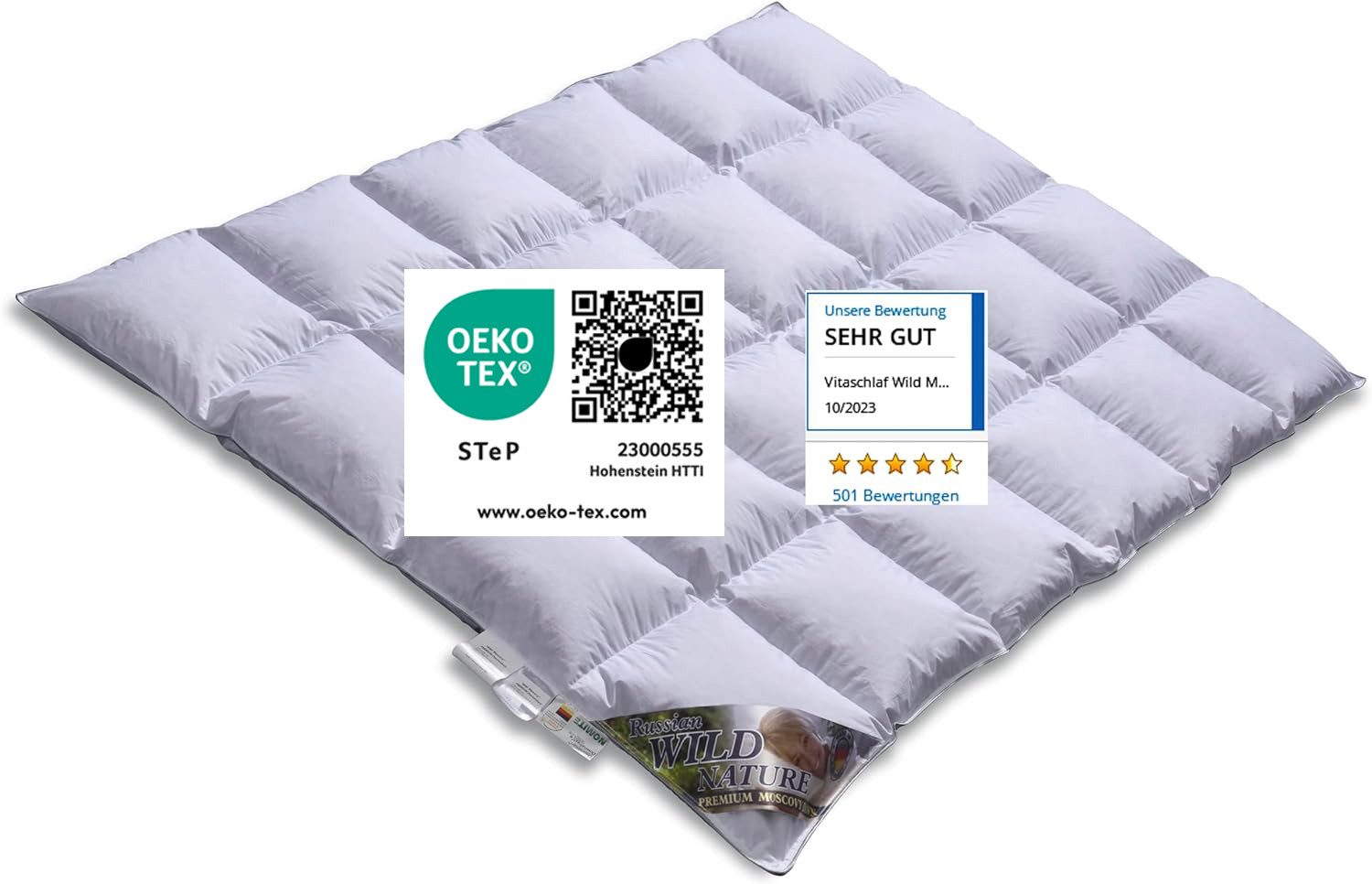 Daunenbettdecke, Vitaschlaf® Wild Moscovy® Bettdecken Sommer Winter Ganzjahresdecke, Vitaschlaf, Füllung: Moscovy Daunen 90% und 10% Federn großflockige kältegereifte Naturdaune, alle Wärmestufen, Allergikerfreundlich, Bezug: 100% Baumwolle aus feinster MACO Einschütte, Bettdecke 135x200 cm, 155x220 cm und weitere Größen, Made in Germany