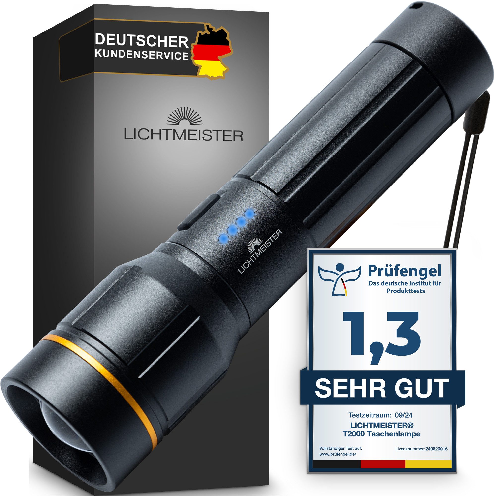 Lichtmeister Taschenlampe (2000 Lumen, 5000 mAh Akku) - Taschenlampe LED aufladbar - extrem Hell, stufenlos einstellbar