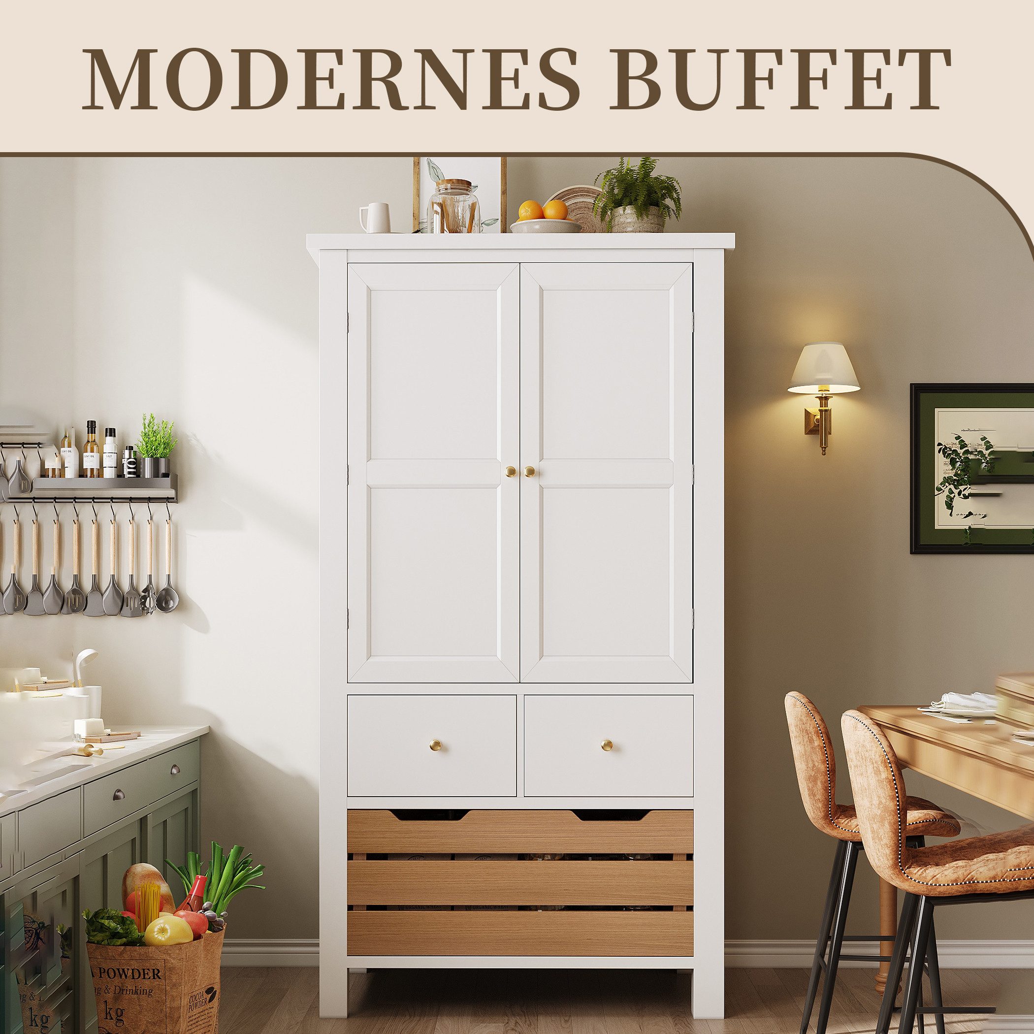 SeedWave Buffet Kontrastfarbener Küchenschrank mit 2 Schranktüren, 5 Schubl günstig online kaufen