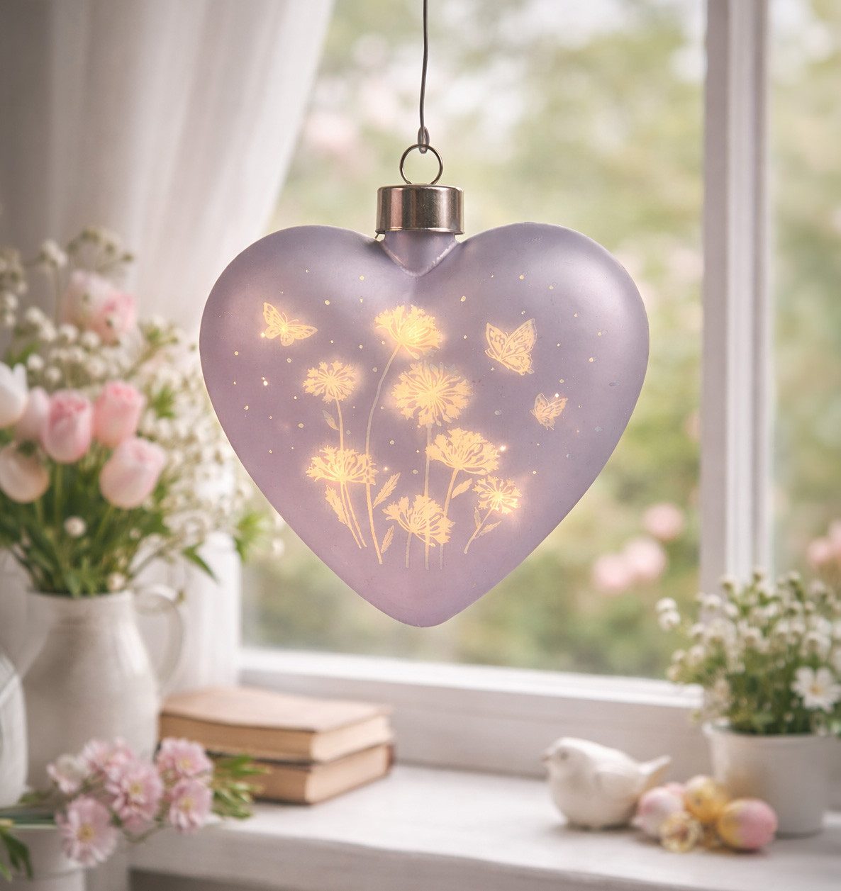 formano Dekolicht LED Deko Hänger Blumenwiese Herz 15x15 cm Glas Deko mit Timer, LED fest integriert – Bild 2 von 5