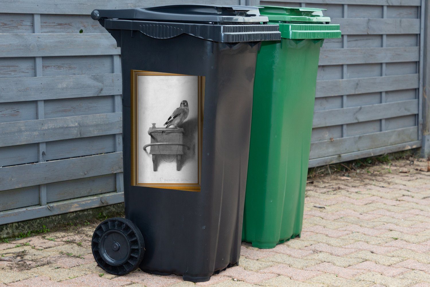MuchoWow Wandsticker Der Stieglitz - Liste St), Abfalbehälter Mülleimer-aufkleber, - Container, - (1 Mülltonne, Sticker, Gold Maler