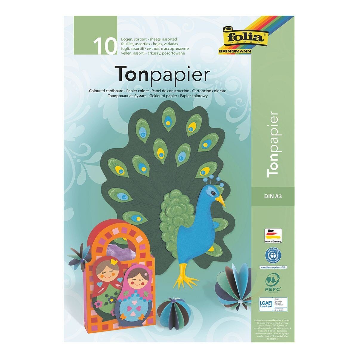 130 g/m², 10 in Folia Tonpapier A3, Farben, Format 10 Blatt Bastelkartonpapier,