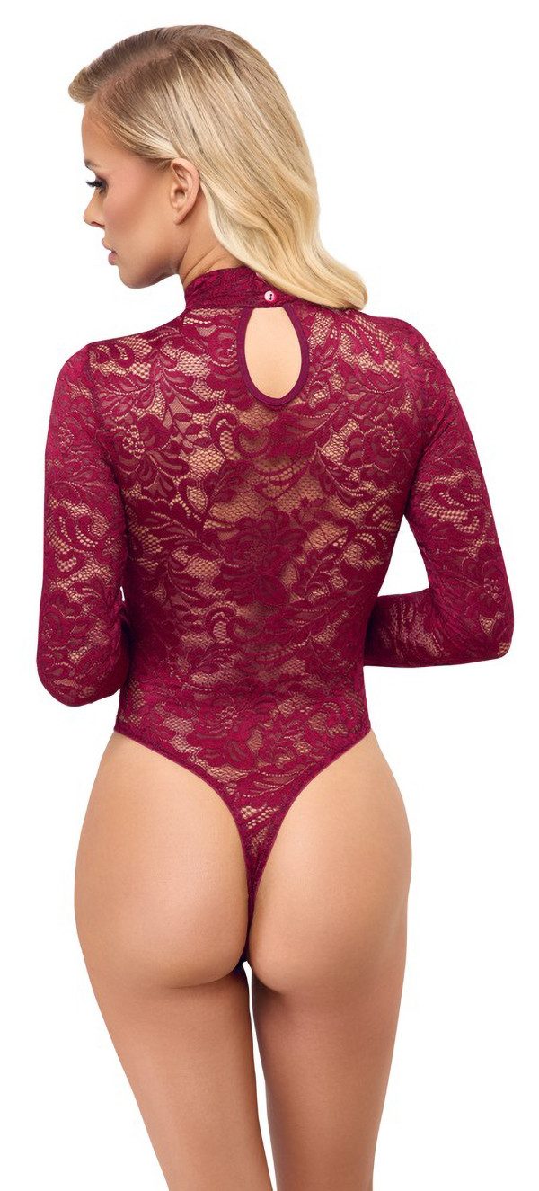 Cottelli Collection Body Langarm Spitzen-Body - rot (1-tlg) transparente Spitze, Langarm
