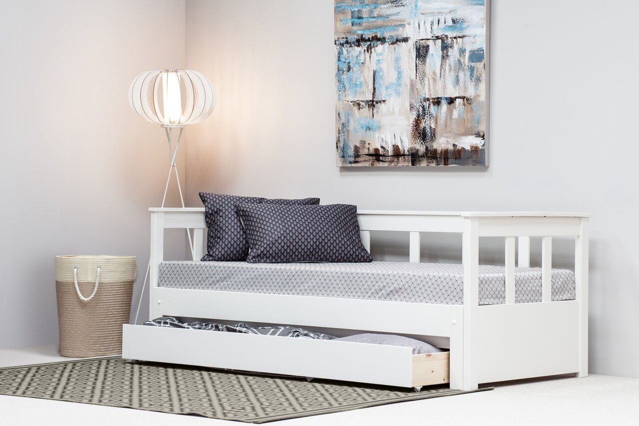 ideal Daybett Jugend- "AIRA" Liegefläche, zertifiziertes Home skandinavisches mit Gästezimmer, Design, Gästebett, ausziehbarer fürs weiß Massivholz oder affaire