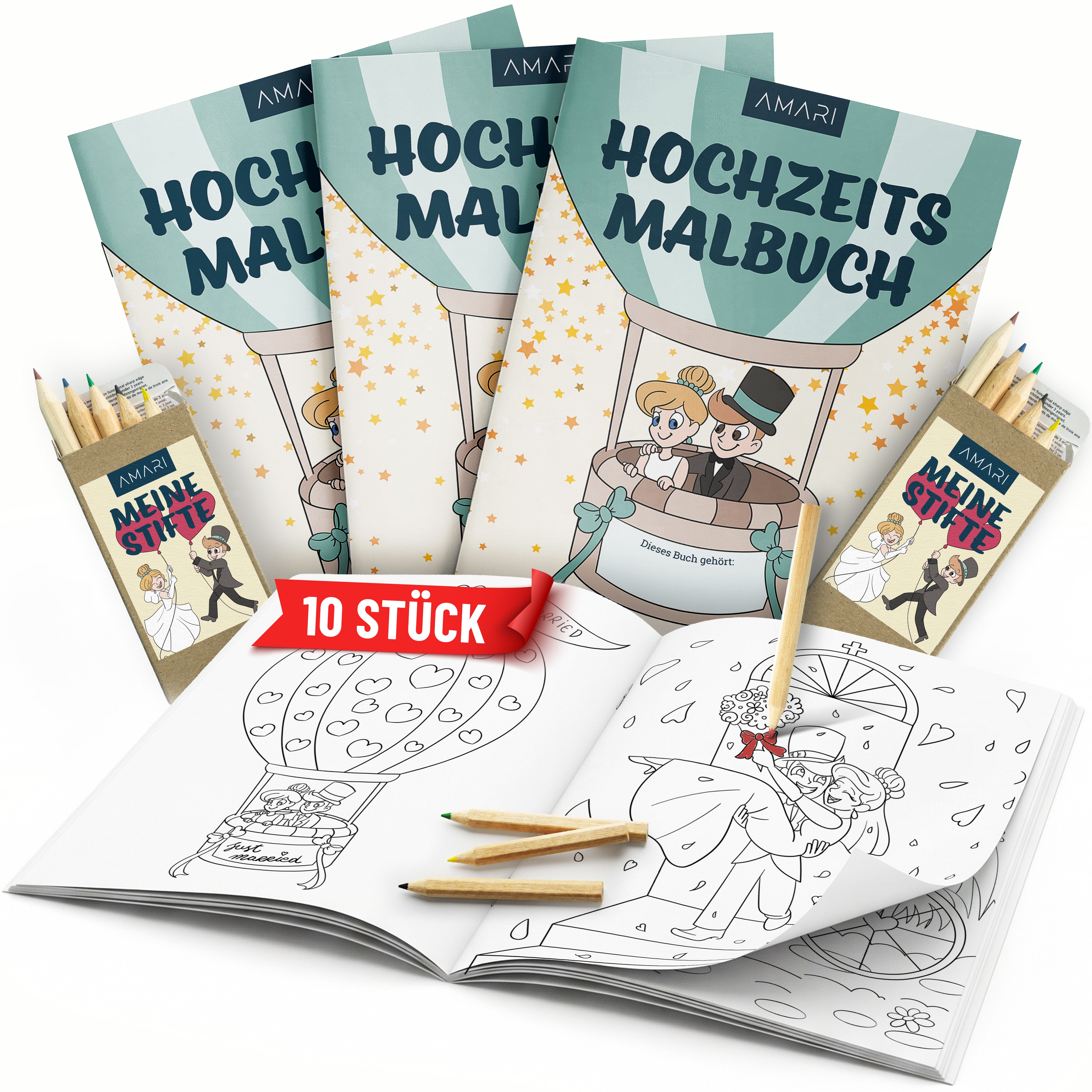 Amari Malvorlage Malbuch Hochzeit Kinder 10er Set mit Stiften, Ausmalbilder ab 3 Jahren (Malbuch-Set, 10 Malbücher A5 à 18 Seiten & 10 Stifteboxen mit je 6 Buntstiften), Gastgeschenk für den Kindertisch, Beschäftigung Kinder zur Hochzeit