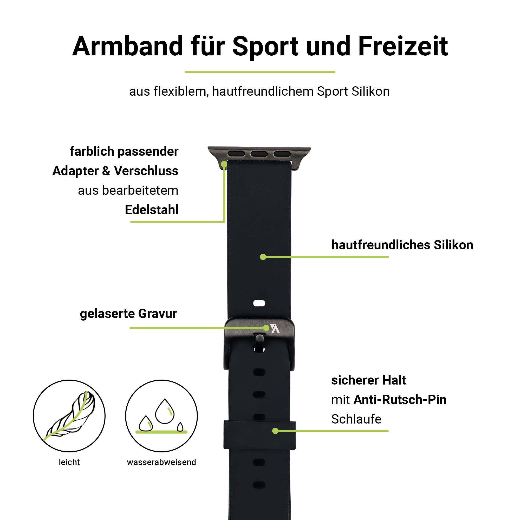 (45mm), / Silikon 9-7 Armband Watch 3-1 (42mm) Ultra (49mm), mit Artwizz Apple Smartwatch-Armband SE (44mm), Silicone, 2 & WatchBand 6-4 Schwarz, Adapter,