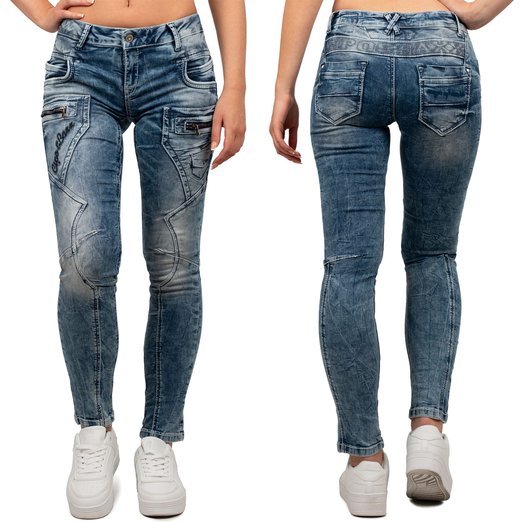 Cipo & Baxx Slim-fit-Jeans Damen Slim Fit Hose Stonewashed BA-WD322 im Biker Style mit Zippern und Ziernähten